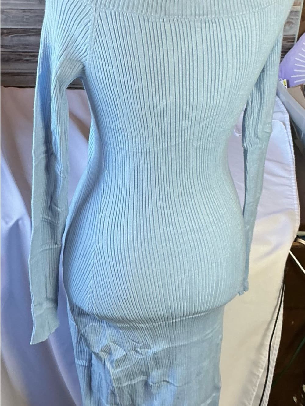 ⭐ Light Blue Ribbed Sweater Dress Cowl Neck Bodycon Midi Stretch - Thumbnail 3