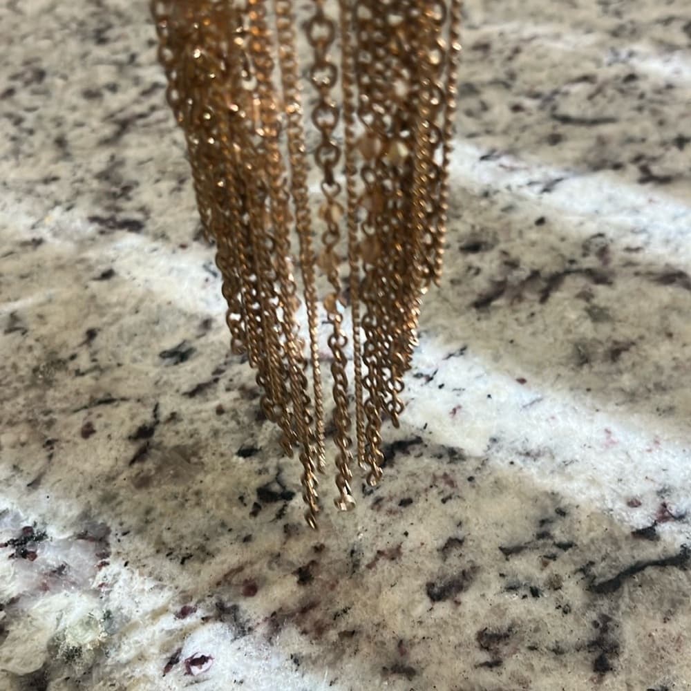 Gold Tone Chain Fringe Statement Necklace Beaded Dangle Bib Style - Thumbnail 2