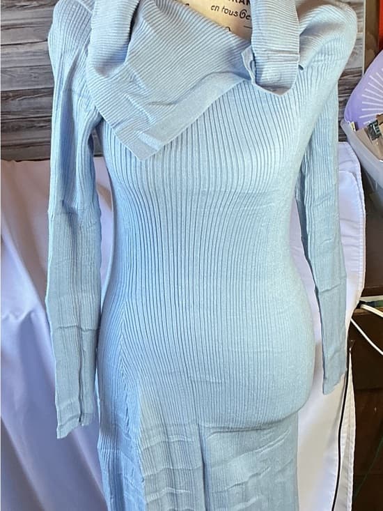 ⭐ Light Blue Ribbed Sweater Dress Cowl Neck Bodycon Midi Stretch - Thumbnail 6