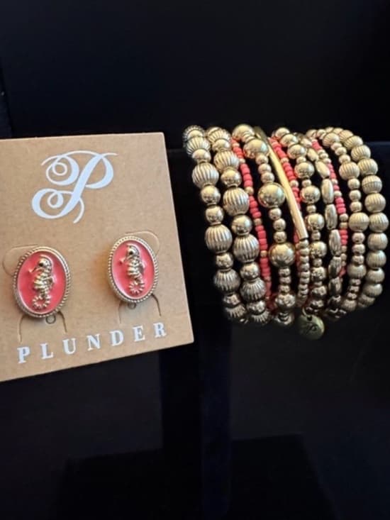 Plunder Coral Seahorse Earrings + Gold Beaded Bracelet Stack Set - Thumbnail 2