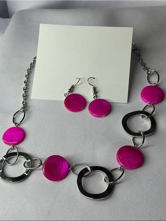 Hot Pink Statement Necklace & Earrings Set Silver Tone Bold Jewelry - Thumbnail 6