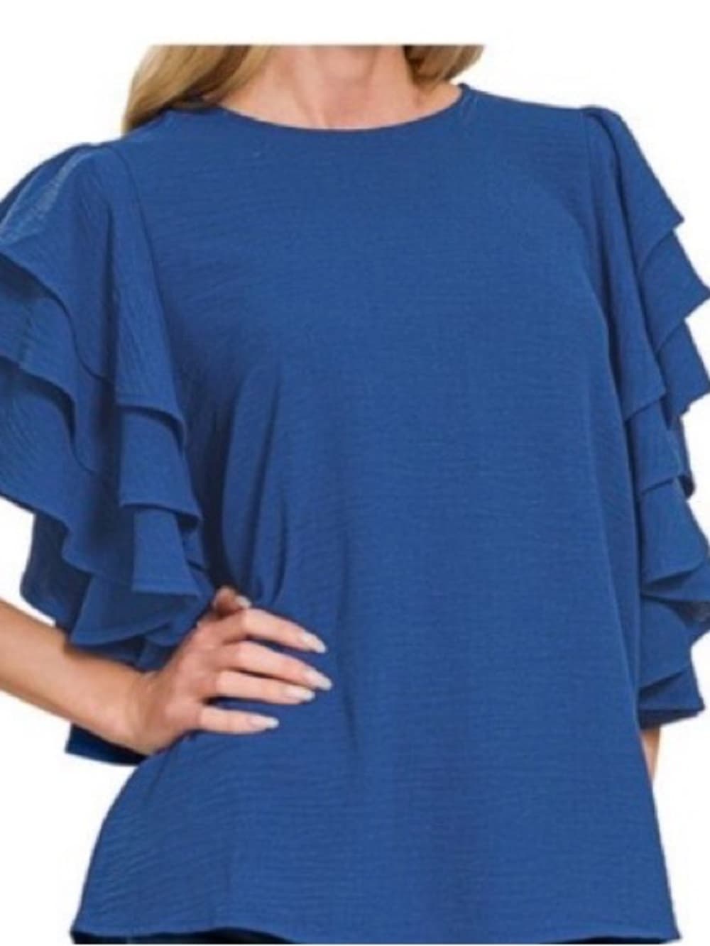 ⭐ Blue Ruffle Sleeve Blouse Flowy Lightweight Casual Chic Top - Thumbnail 10