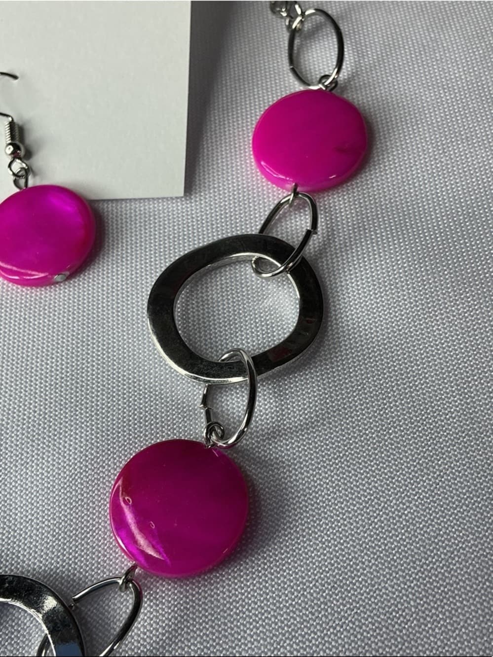 Hot Pink Statement Necklace & Earrings Set Silver Tone Bold Jewelry - Thumbnail 2