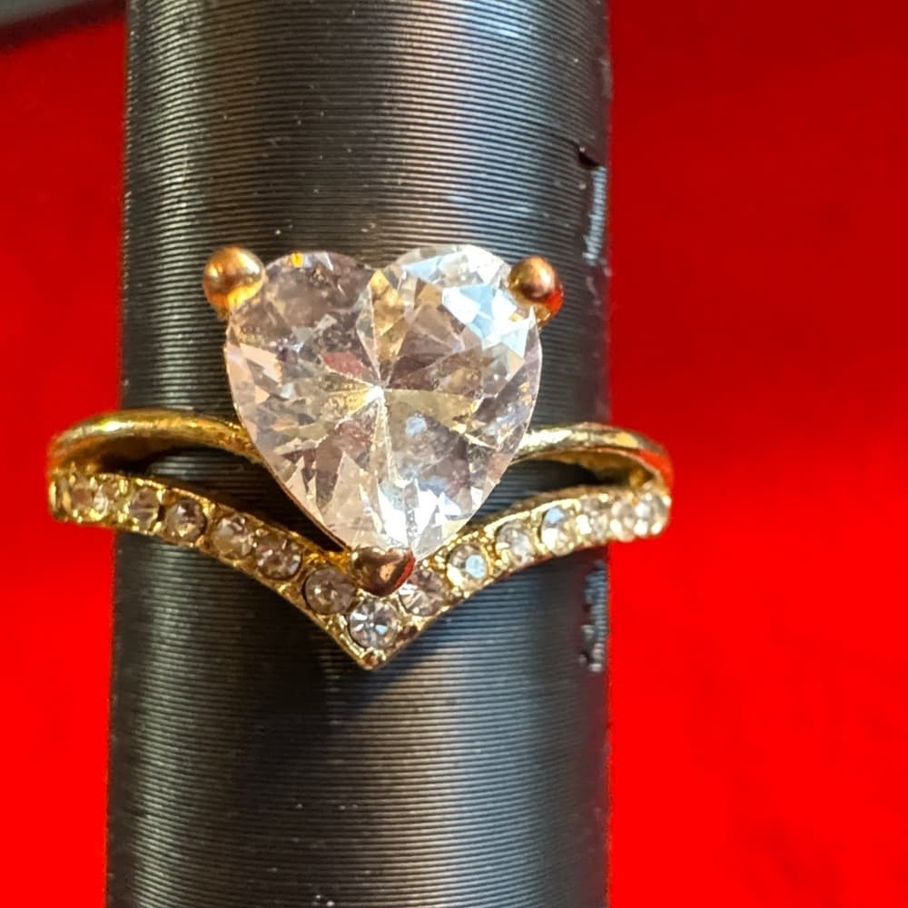 ★ Gold Tone Heart Cut CZ Ring Rhinestone Wrap Band Romantic Glam - Thumbnail 5