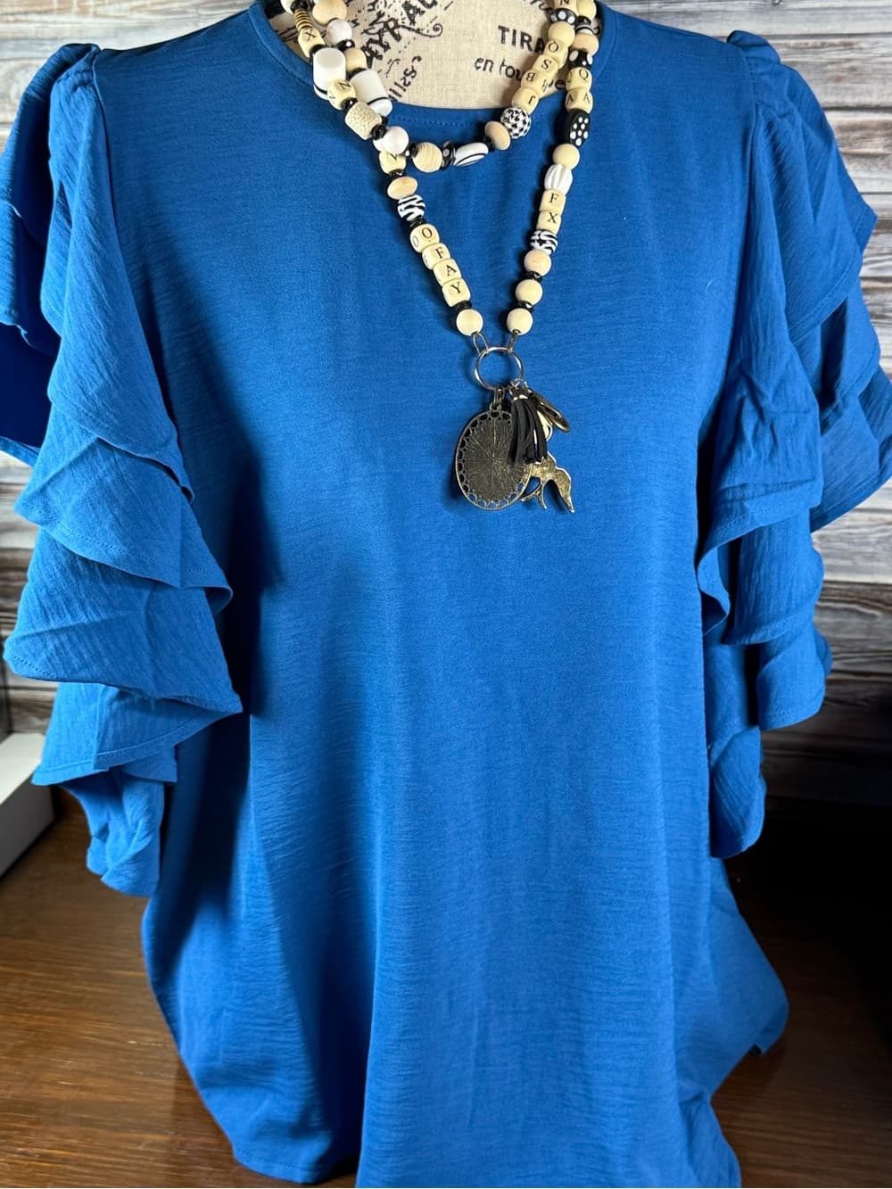 ⭐ Blue Ruffle Sleeve Blouse Flowy Lightweight Casual Chic Top - Thumbnail 2