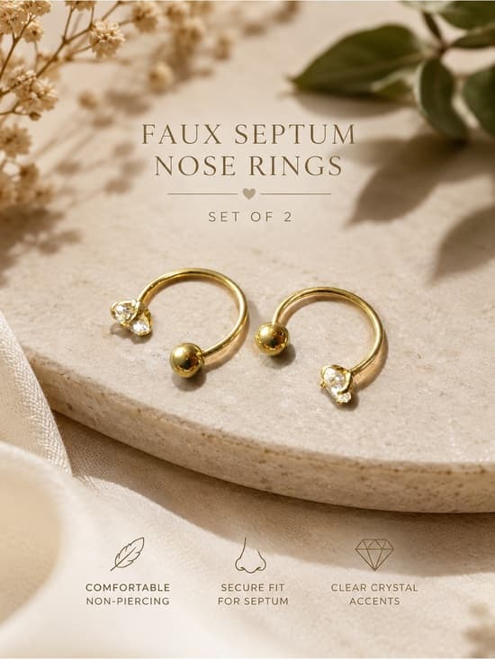 ★ Gold Faux Septum Nose Rings Set Crystal Non-Piercing Jewelry - Thumbnail 8