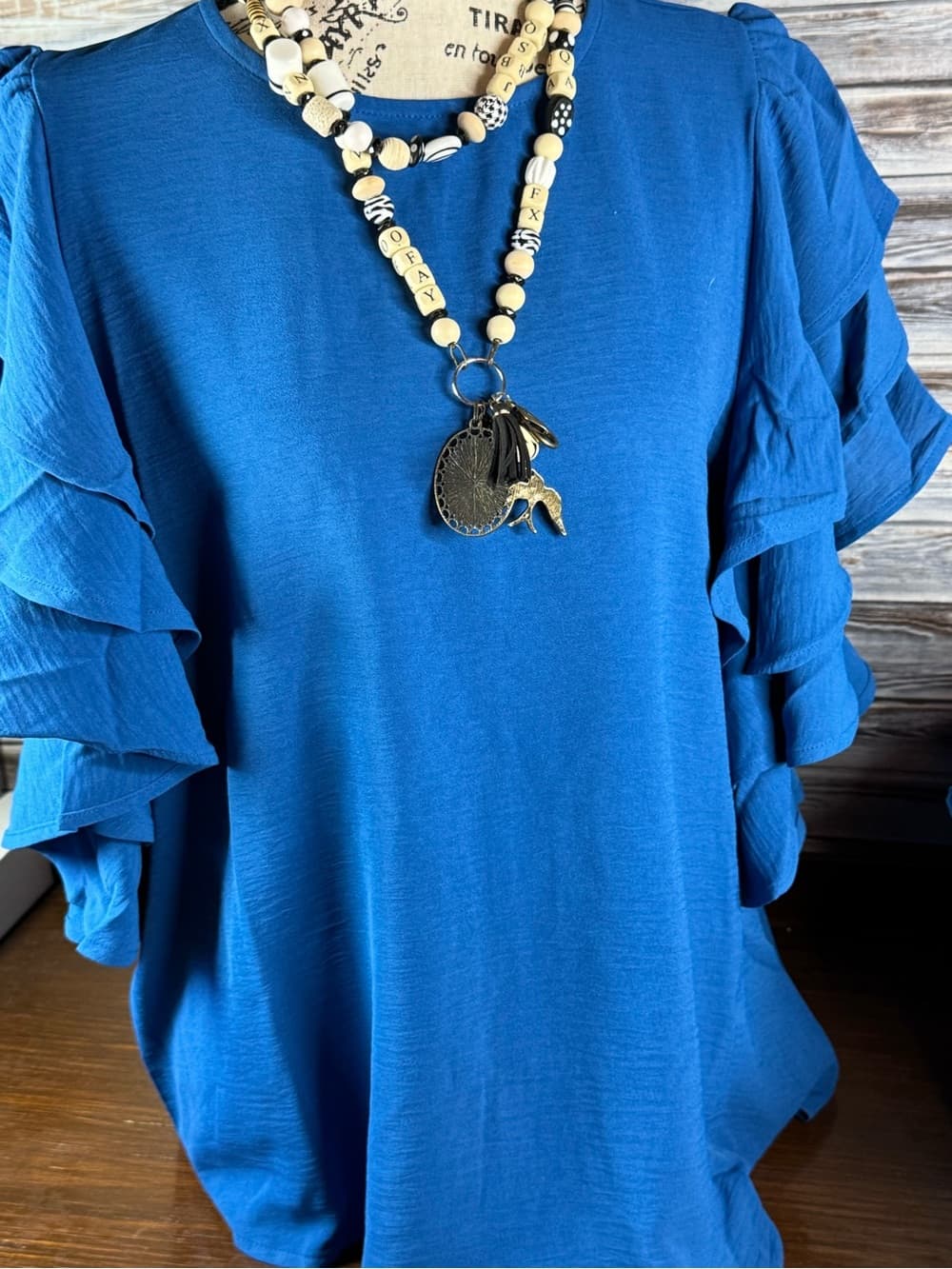 ⭐ Blue Ruffle Sleeve Blouse Flowy Lightweight Casual Chic Top - Thumbnail 3