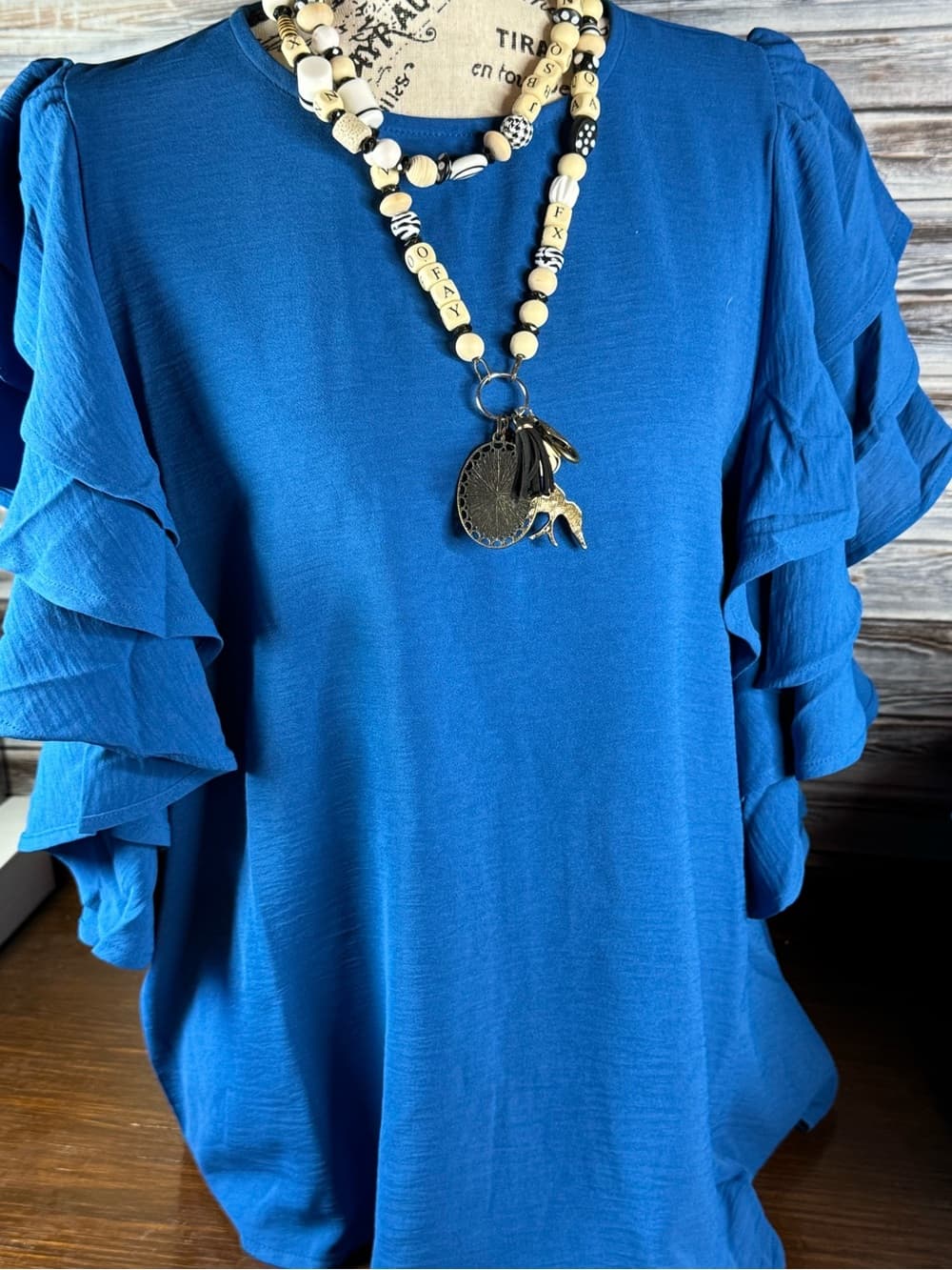⭐ Blue Ruffle Sleeve Blouse Flowy Lightweight Casual Chic Top - Thumbnail 4