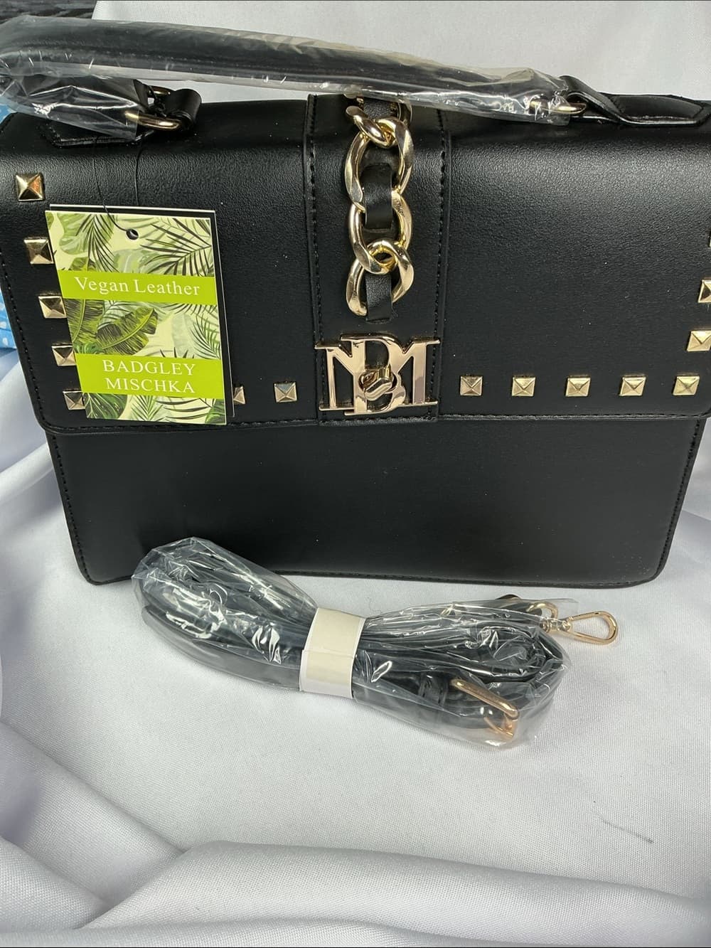 ⭐ Badgley Mischka Black Studded Vegan Leather Crossbody Satchel NWT - Thumbnail 7