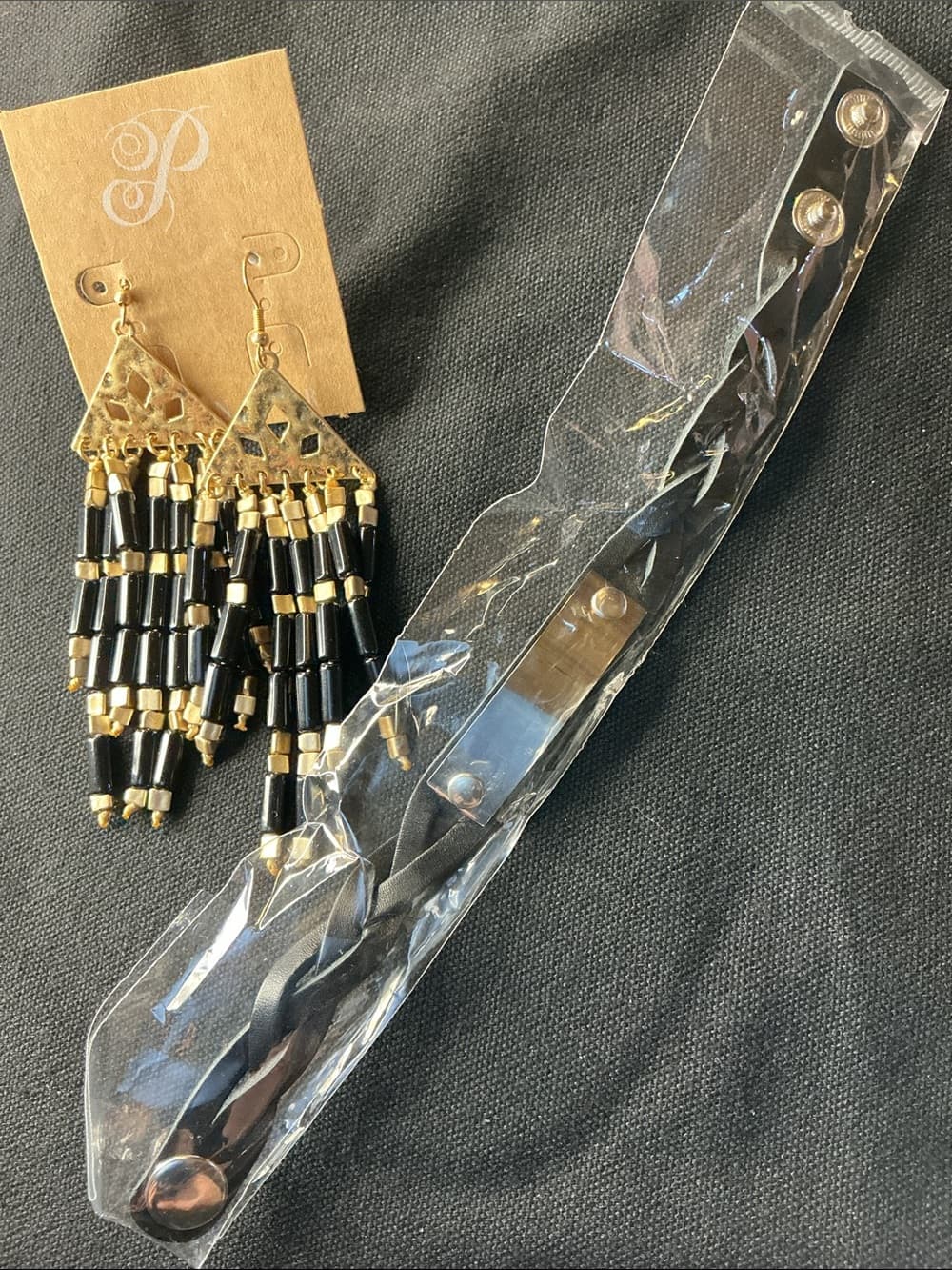 ★ Black Beaded Fringe Earrings & Snap Bracelet Boho Bundle