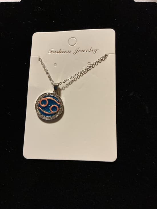 Cancer Zodiac Necklace Blue Round Pendant Rhinestone Accen - Thumbnail 5