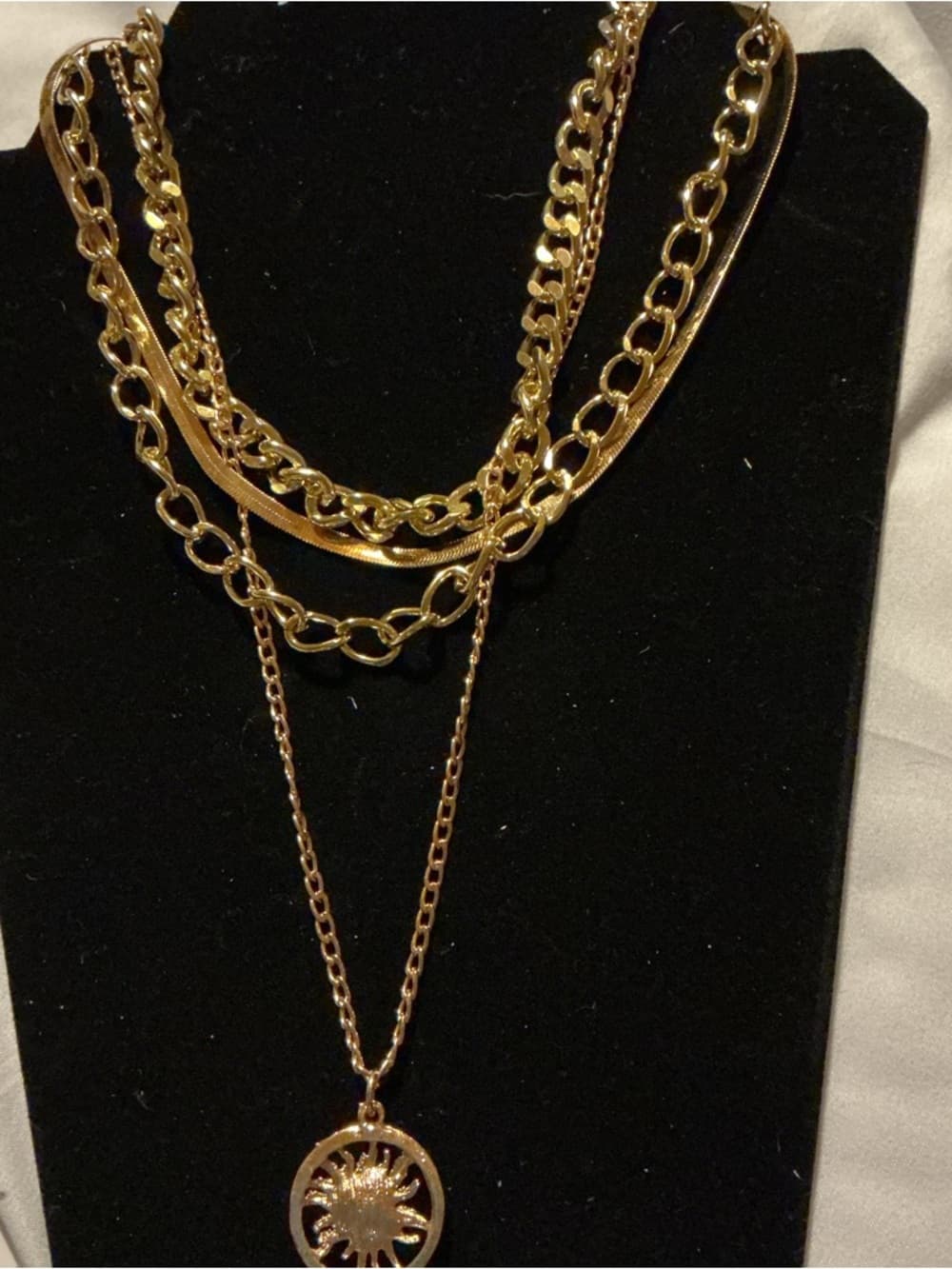 Gold Tone Layered Chain Necklace Sun Pendant Multi Chain Statement