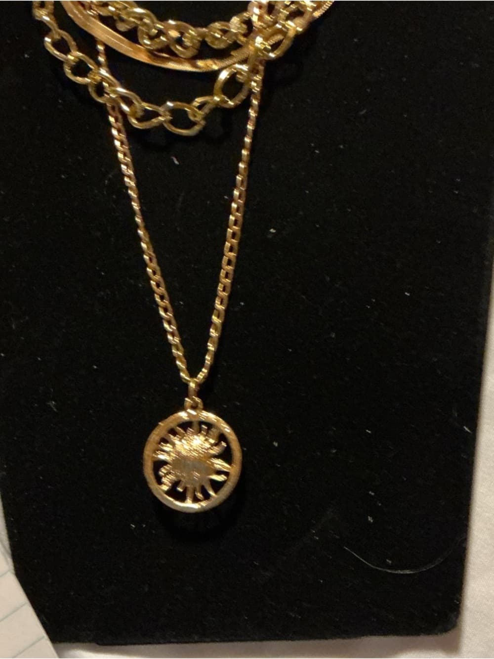 Gold Tone Layered Chain Necklace Sun Pendant Multi Chain Statement - Thumbnail 2