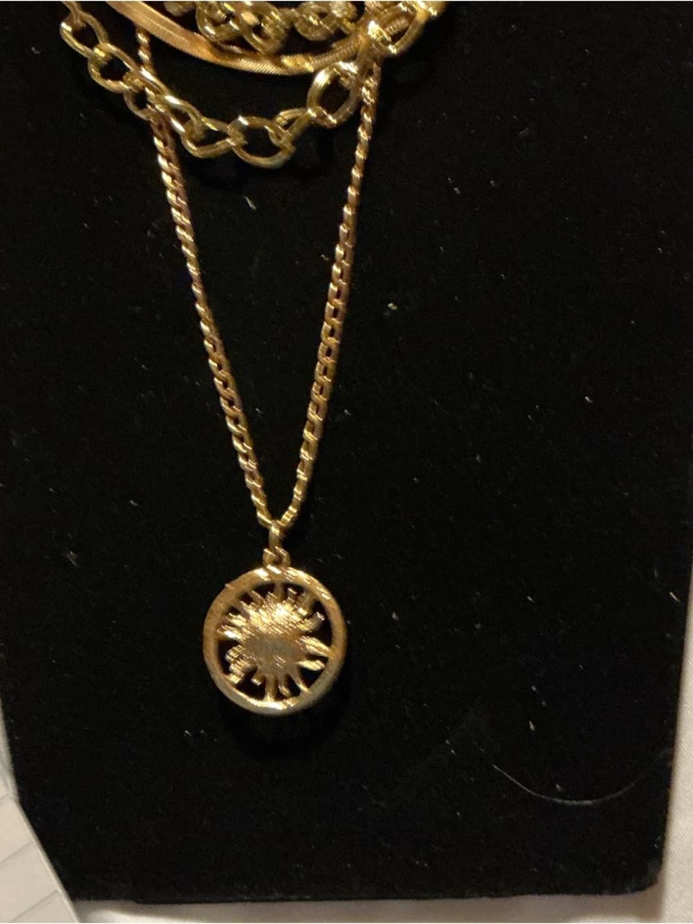 Gold Tone Layered Chain Necklace Sun Pendant Multi Chain Statement - Thumbnail 3