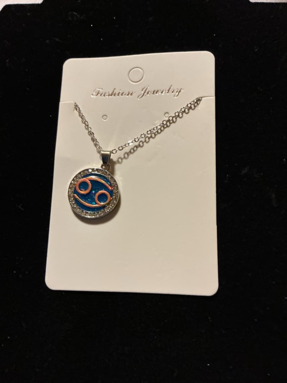 Cancer Zodiac Necklace Blue Round Pendant Rhinestone Accen