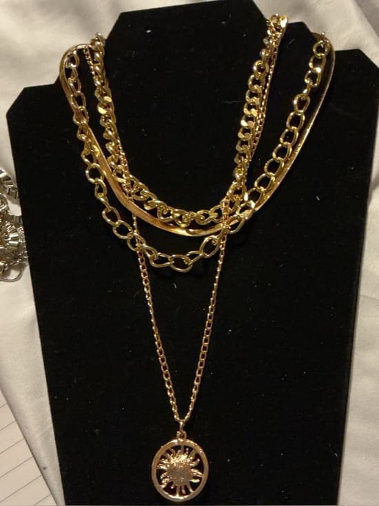 Gold Tone Layered Chain Necklace Sun Pendant Multi Chain Statement - Thumbnail 7