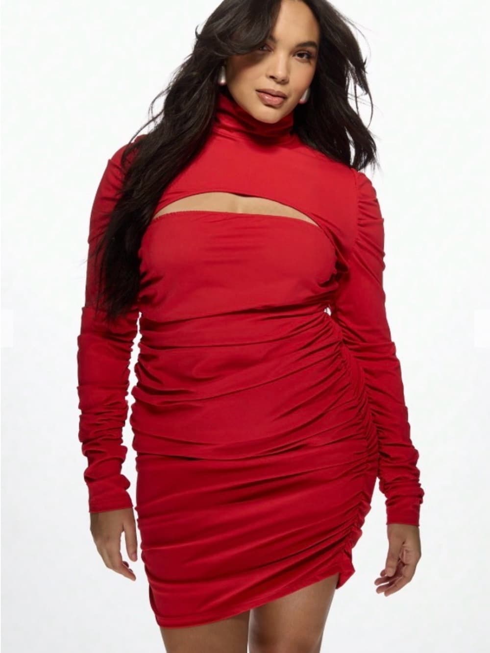 ⭐ Red Bodycon Cutout Dress Ruched Long Sleeve Mini Club Dress