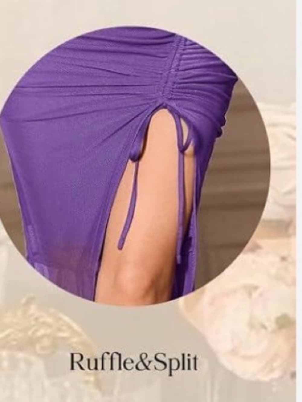 ⭐ Purple Ruched Bodycon Midi Dress Bell Sleeve Slit Stretch Large - Thumbnail 4