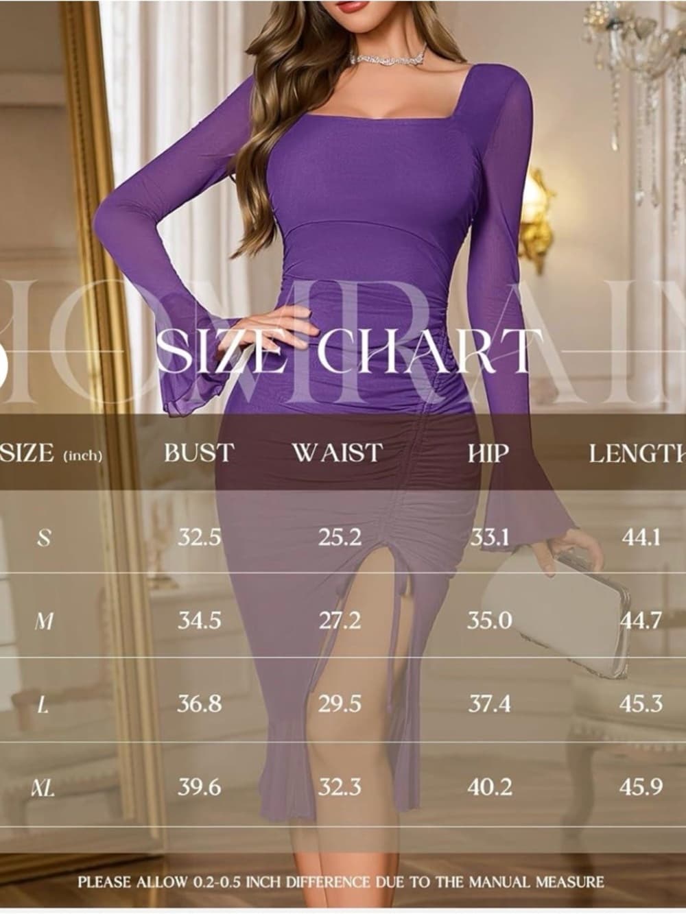 ⭐ Purple Ruched Bodycon Midi Dress Bell Sleeve Slit Stretch Large - Thumbnail 7