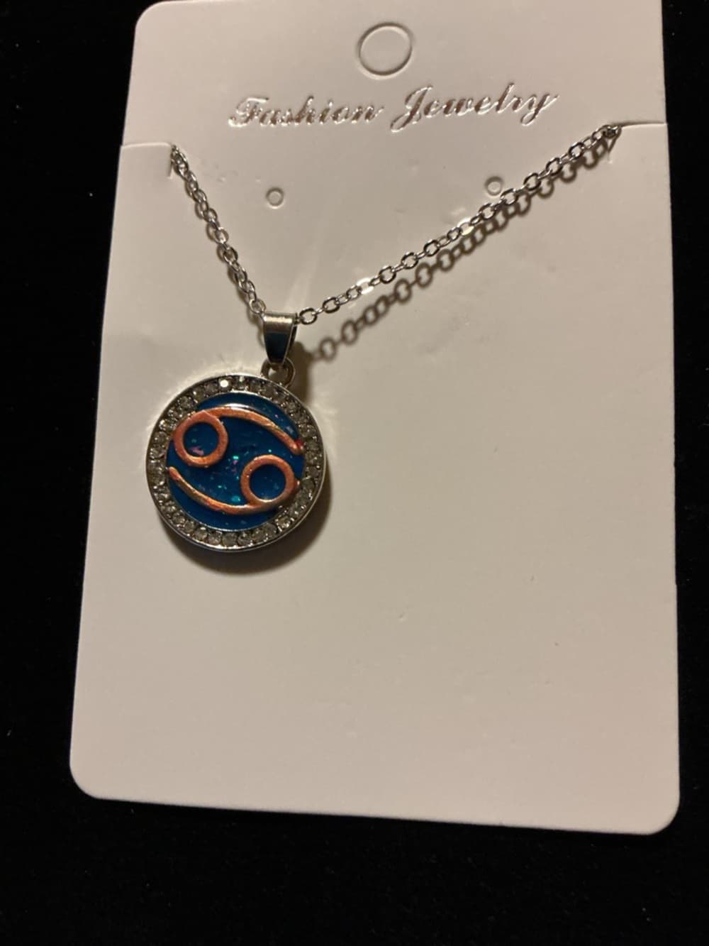 Cancer Zodiac Necklace Blue Round Pendant Rhinestone Accen - Thumbnail 3