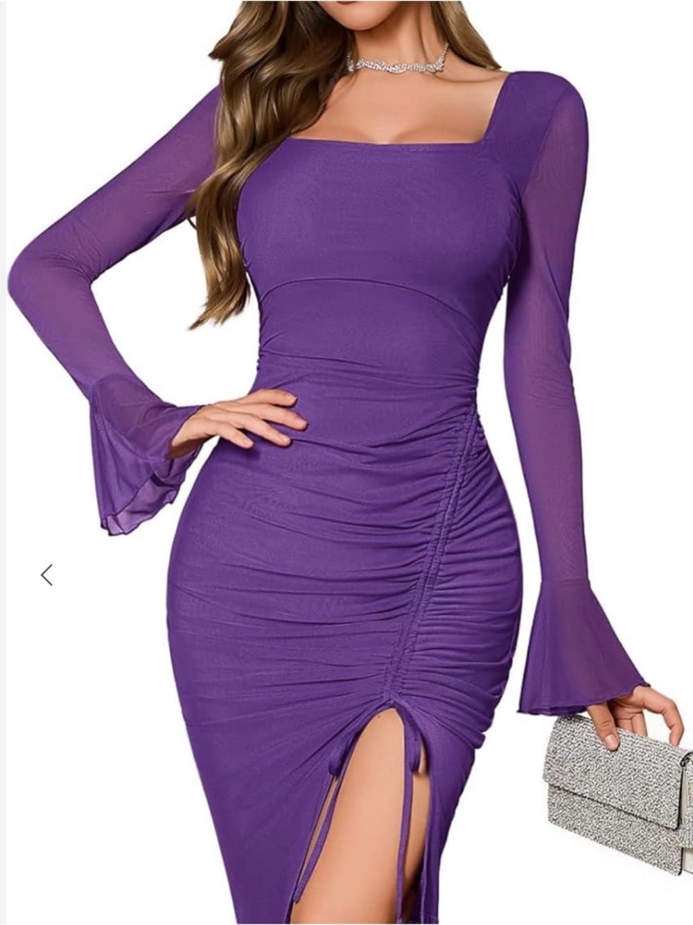 ⭐ Purple Ruched Bodycon Midi Dress Bell Sleeve Slit Stretch Large