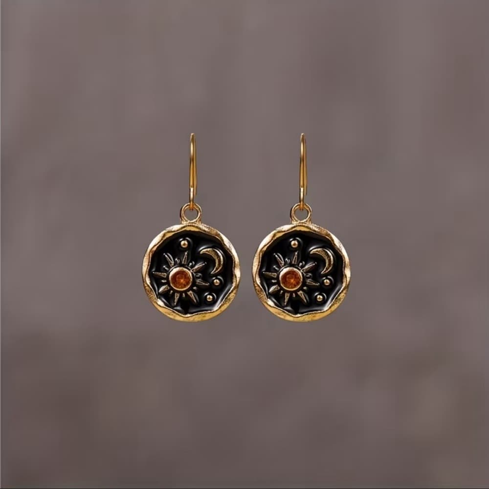 Elegant Gold and Black Floral Earrings - Thumbnail 2