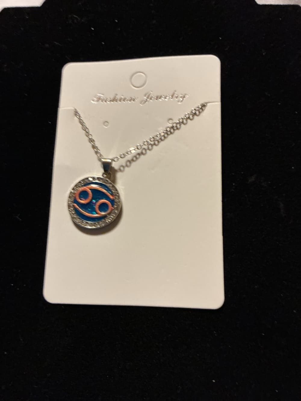 Cancer Zodiac Necklace Blue Round Pendant Rhinestone Accen - Thumbnail 2