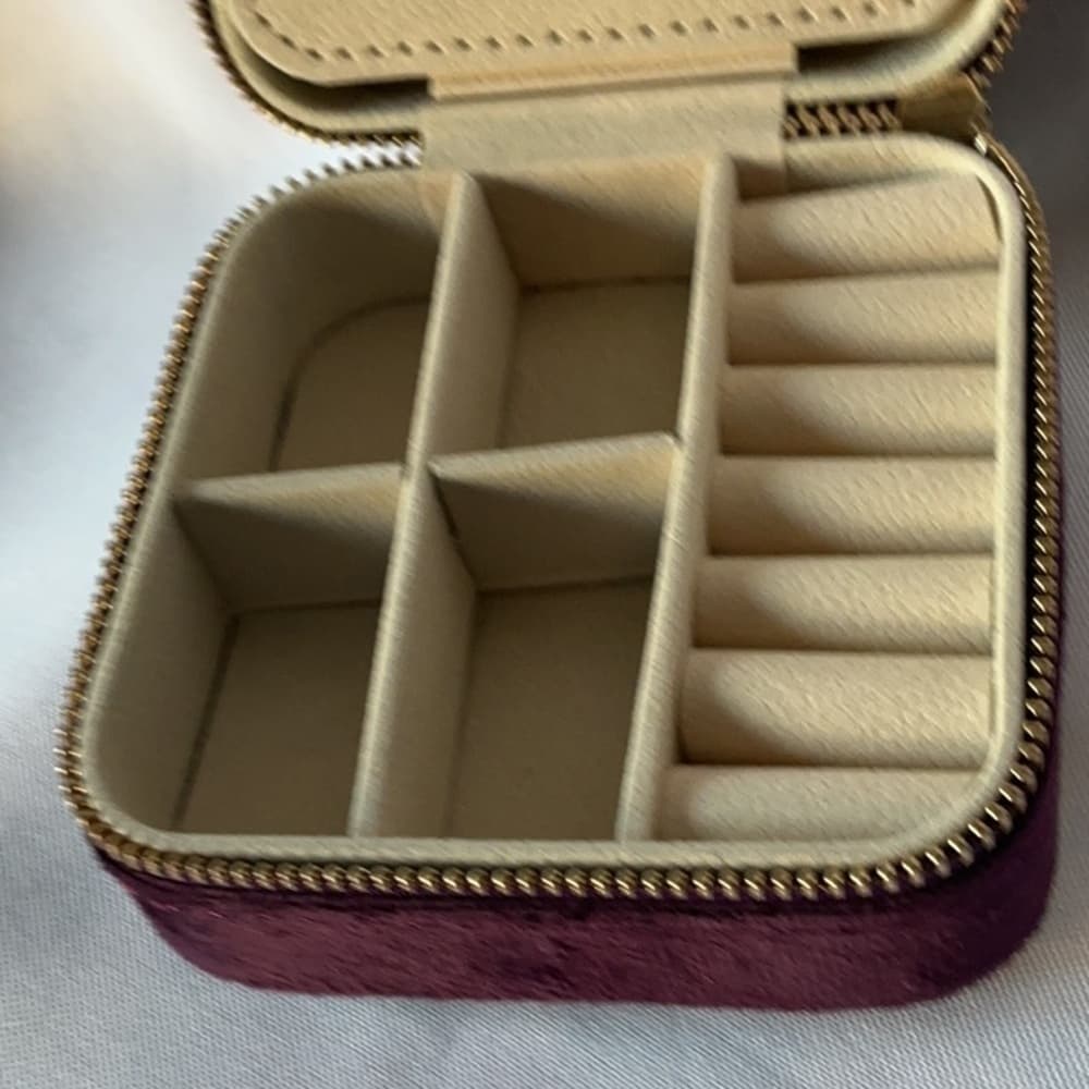 Velvet Travel Jewelry Case Organizer Burgundy Zip Compact Storage Bo - Thumbnail 6