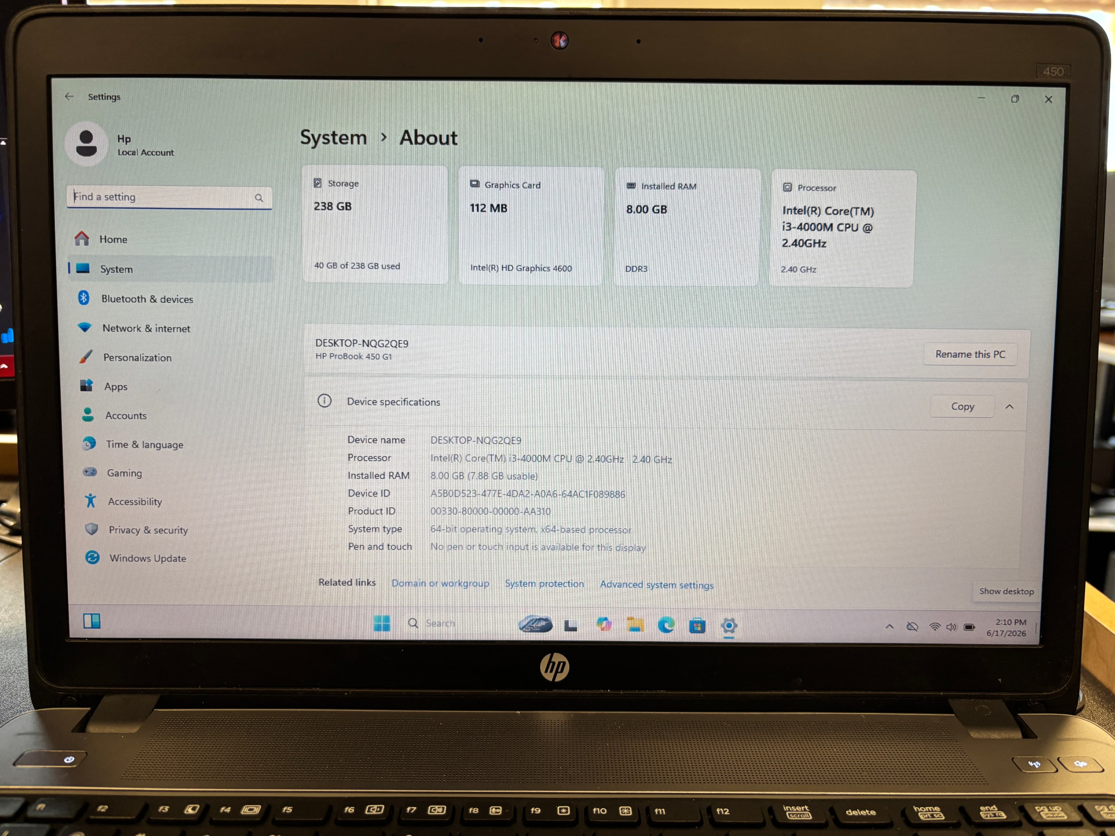 HP Laptop i3-4000M 8GB RAM 238GB SSD Windows 11 Pro - Thumbnail 2