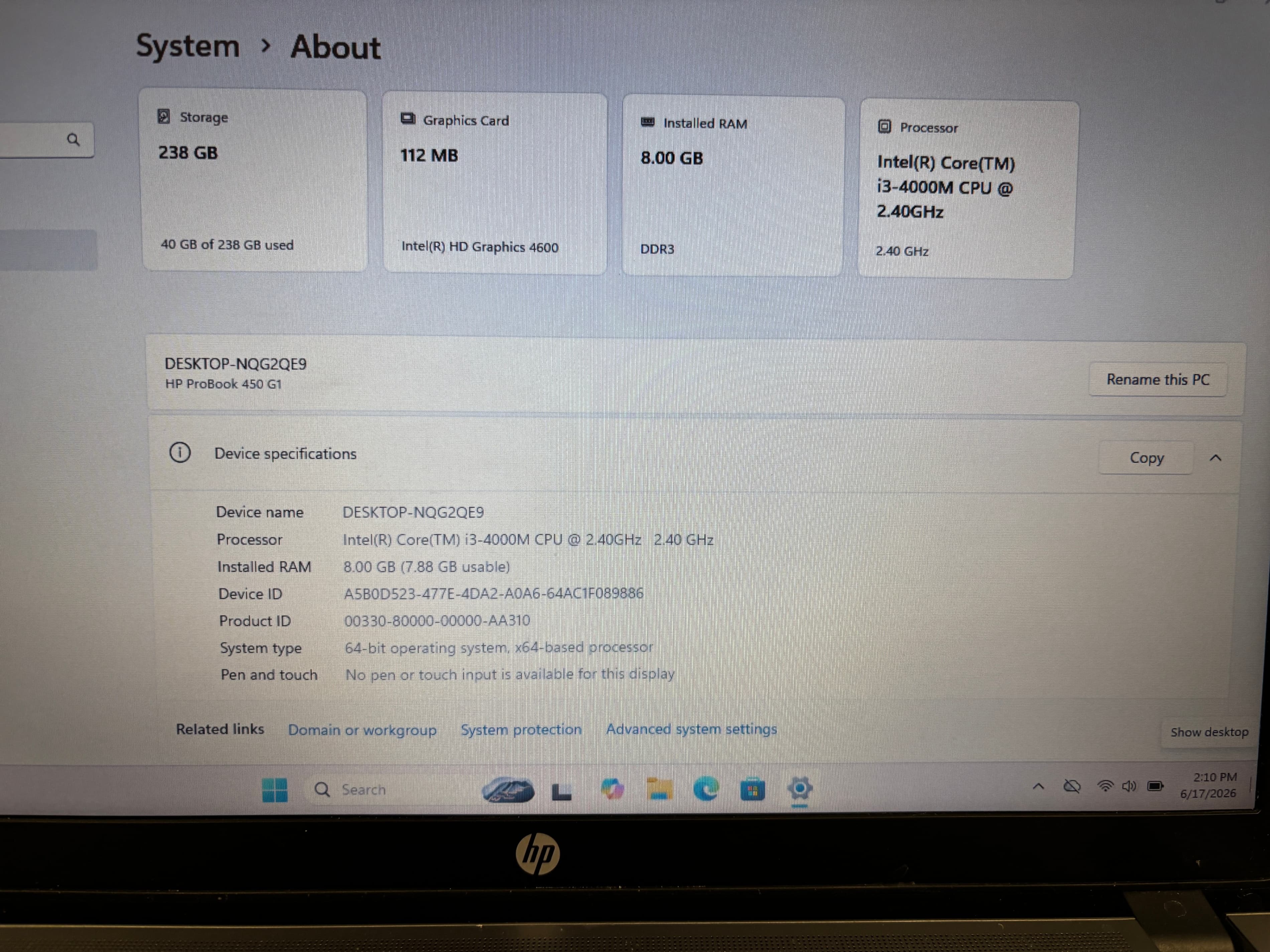 HP Laptop i3-4000M 8GB RAM 238GB SSD Windows 11 Pro - Thumbnail 3