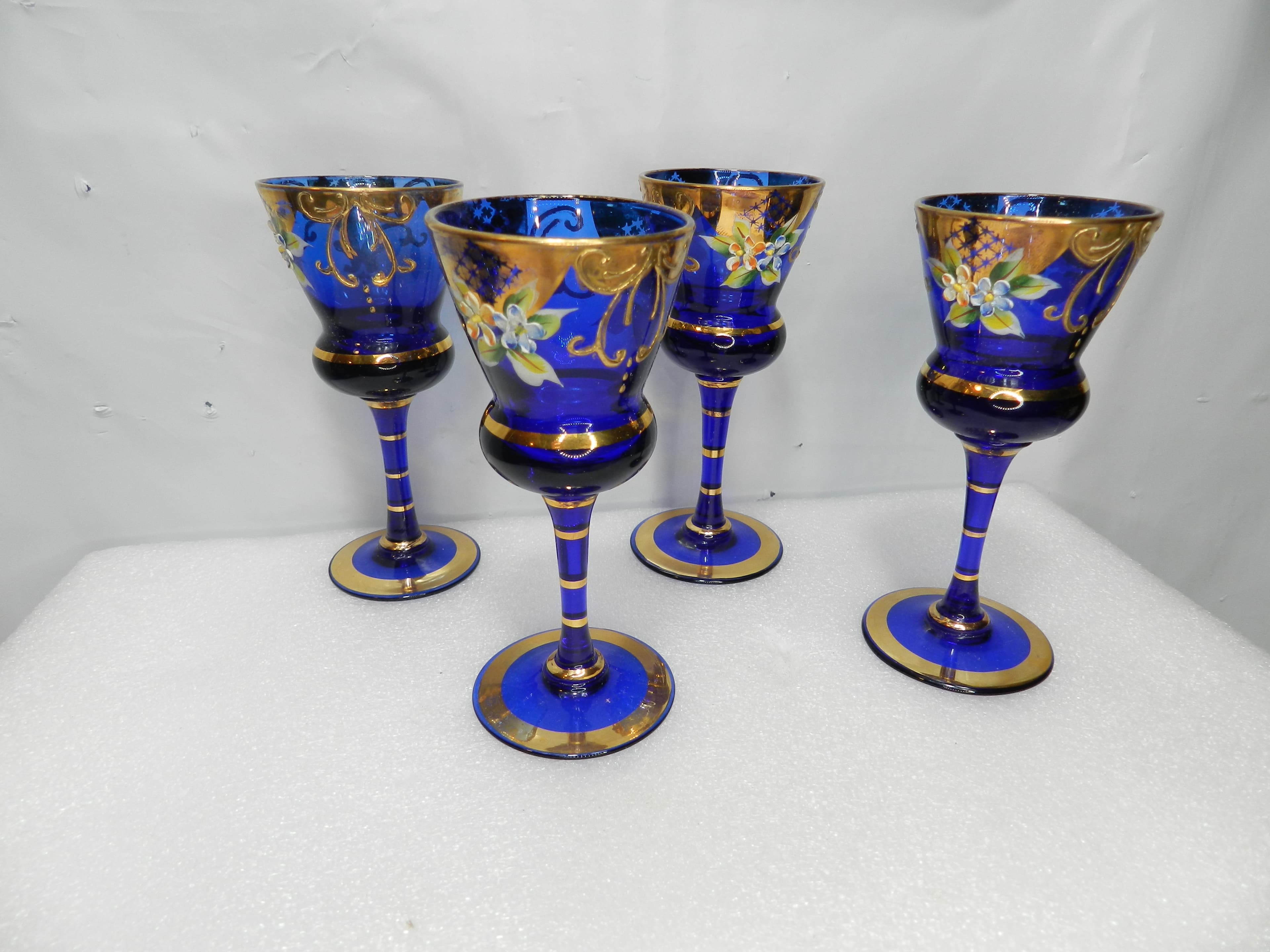 4 Vintage Murano Venetian Cobalt Blue & Gold Cordial Stemmed Wine Glasses N26J - Thumbnail 2