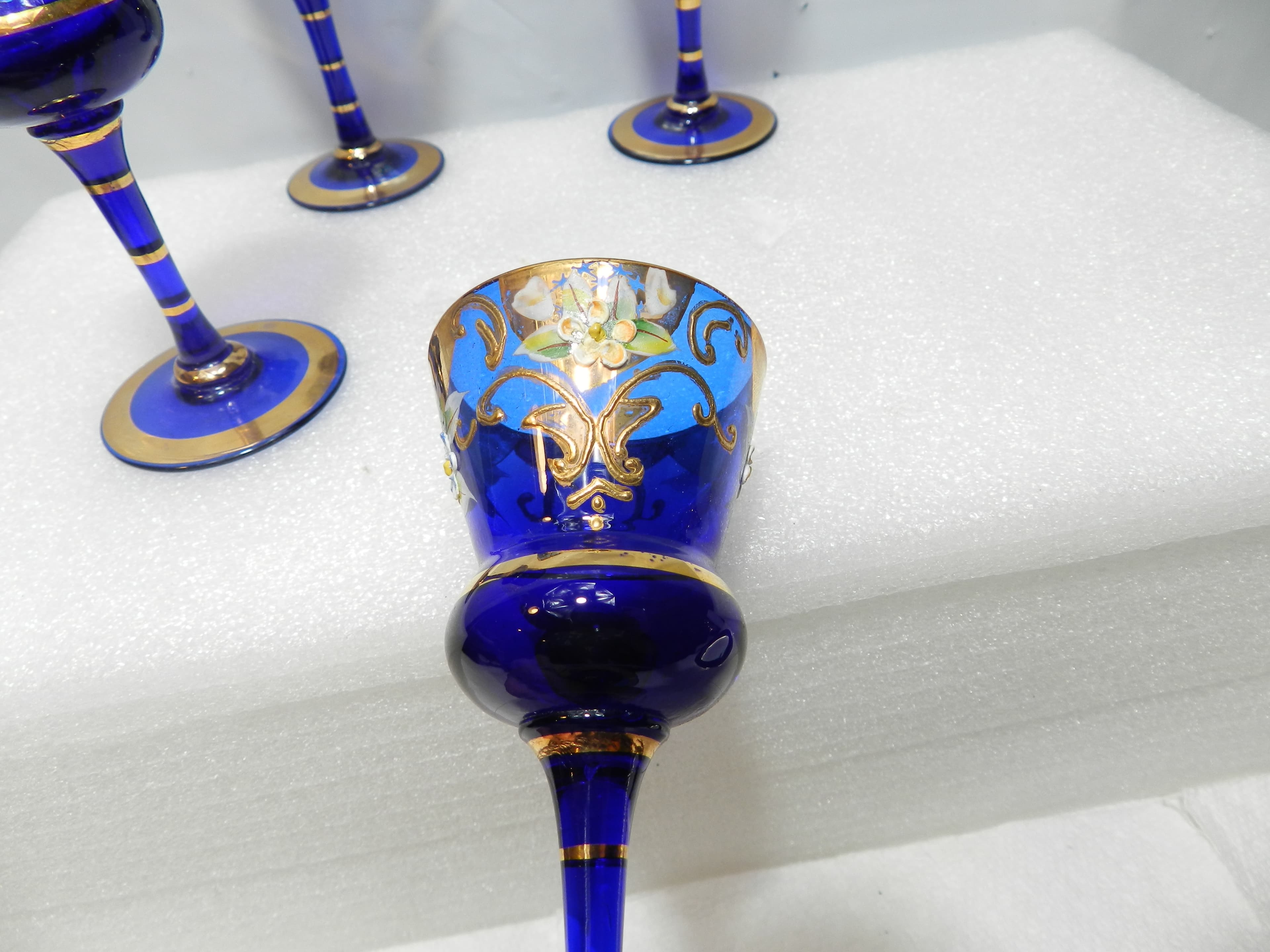 4 Vintage Murano Venetian Cobalt Blue & Gold Cordial Stemmed Wine Glasses N26J - Thumbnail 3