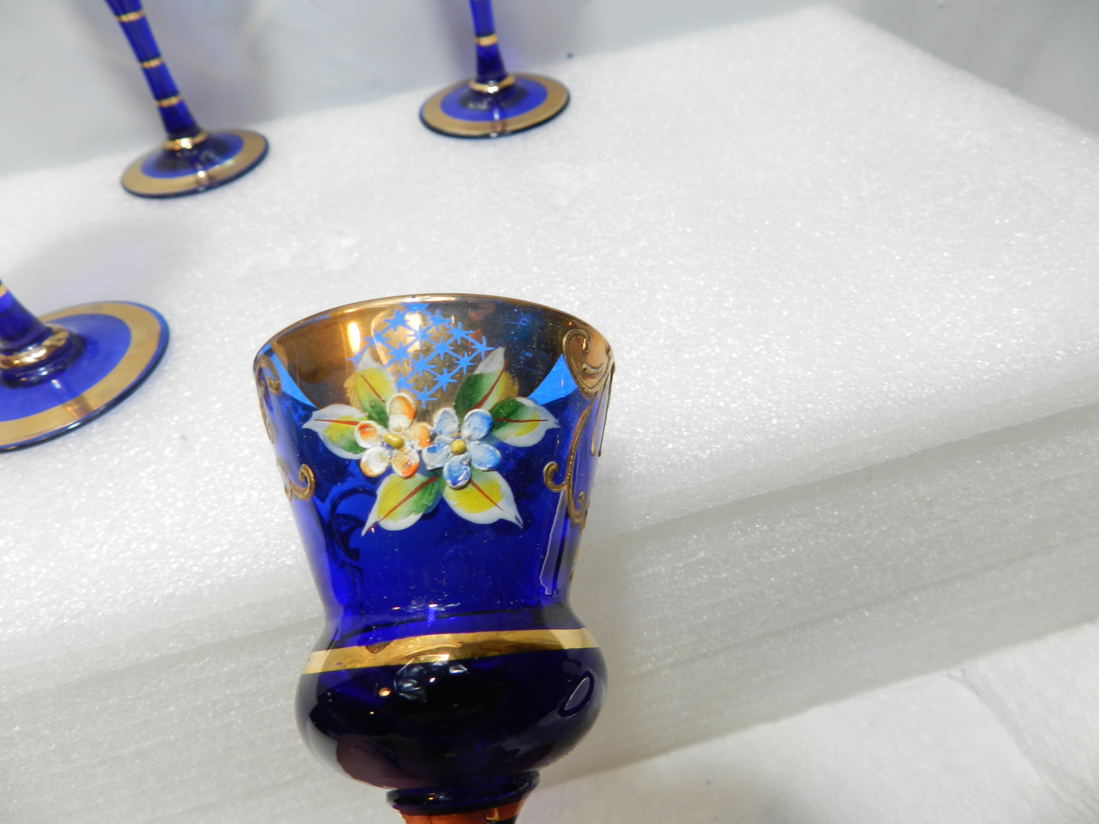 4 Vintage Murano Venetian Cobalt Blue & Gold Cordial Stemmed Wine Glasses N26J - Thumbnail 4