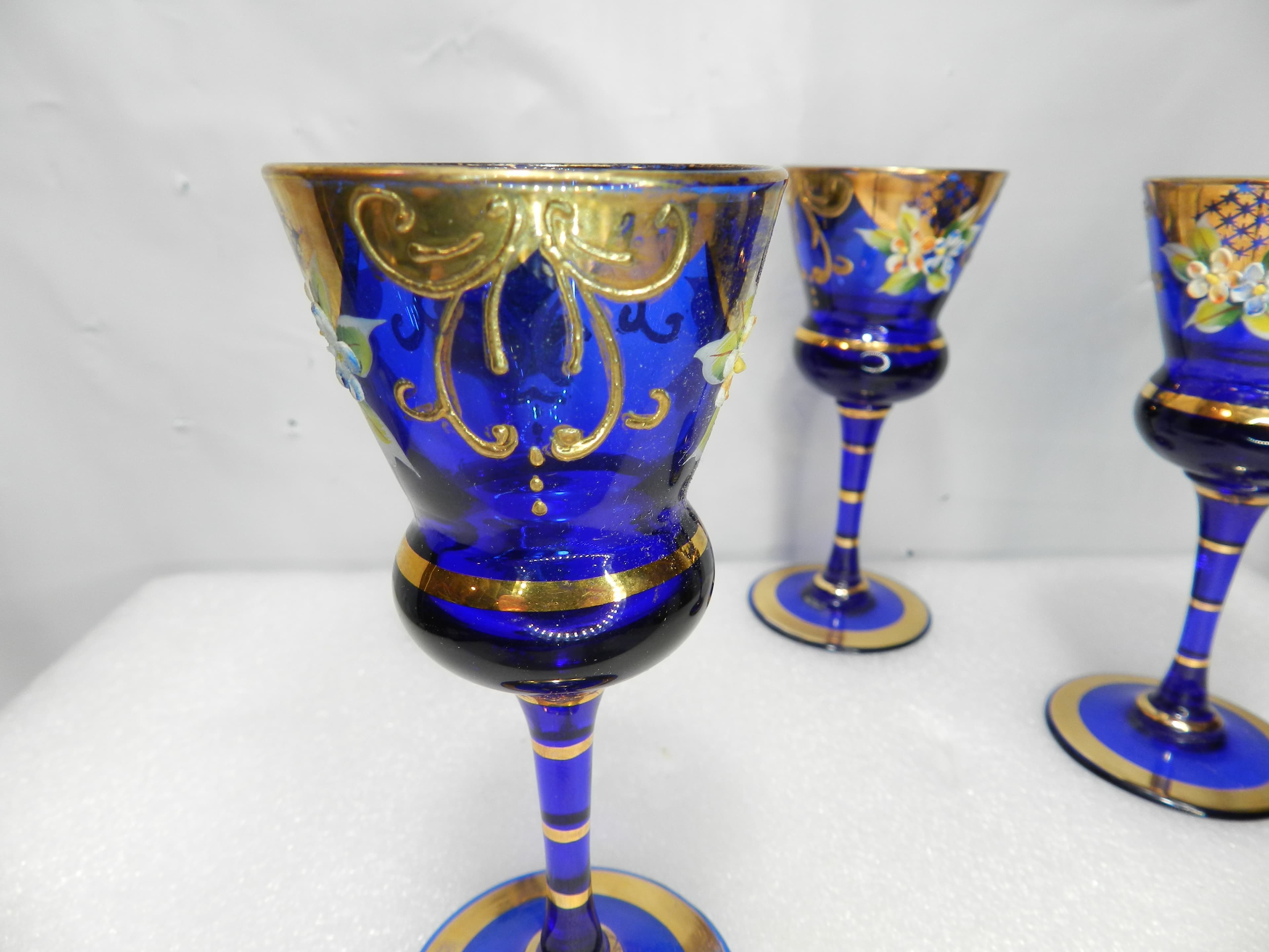 4 Vintage Murano Venetian Cobalt Blue & Gold Cordial Stemmed Wine Glasses N26J - Thumbnail 7