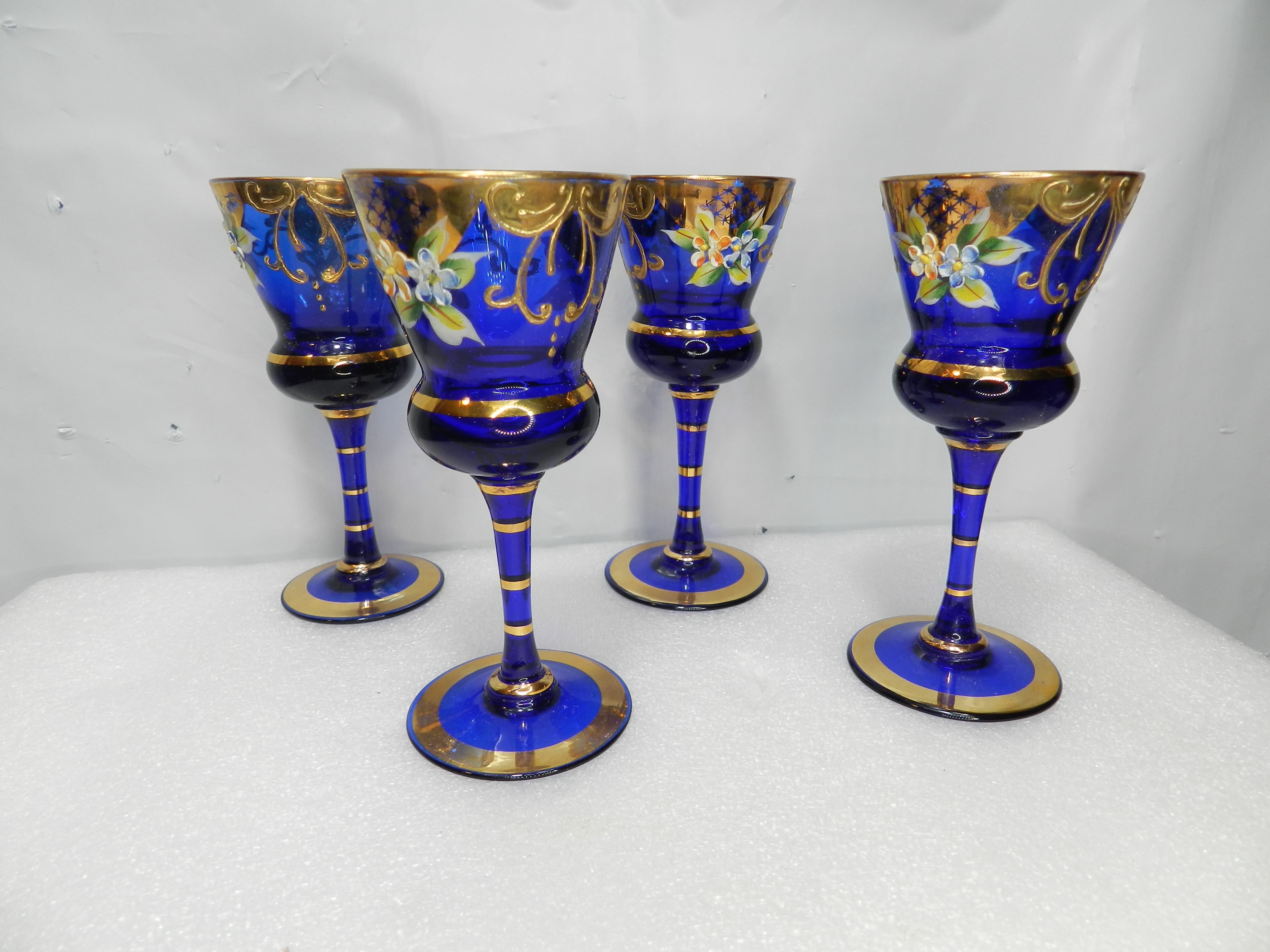 4 Vintage Murano Venetian Cobalt Blue & Gold Cordial Stemmed Wine Glasses N26J - Thumbnail 6