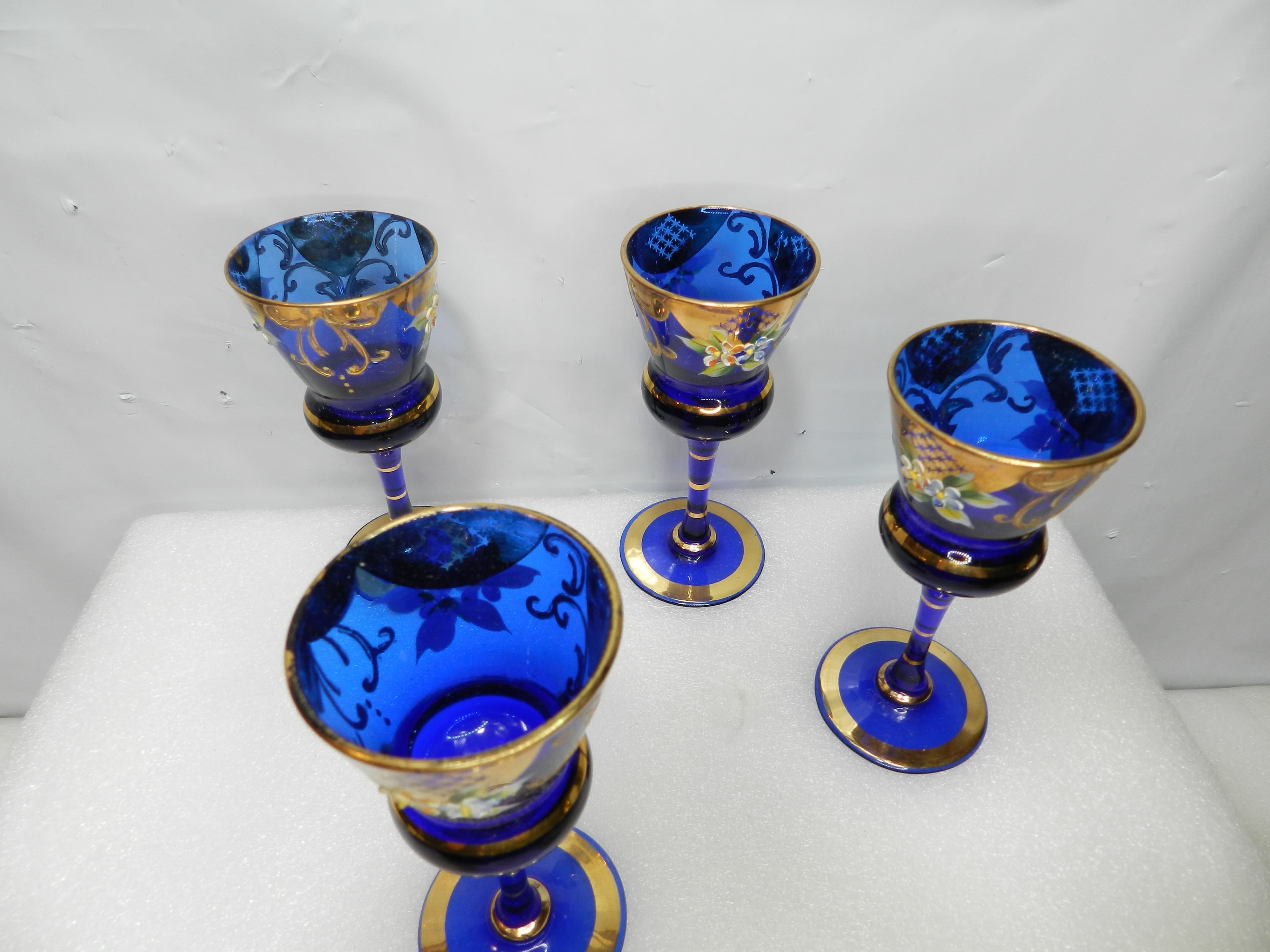 4 Vintage Murano Venetian Cobalt Blue & Gold Cordial Stemmed Wine Glasses N26J - Thumbnail 5