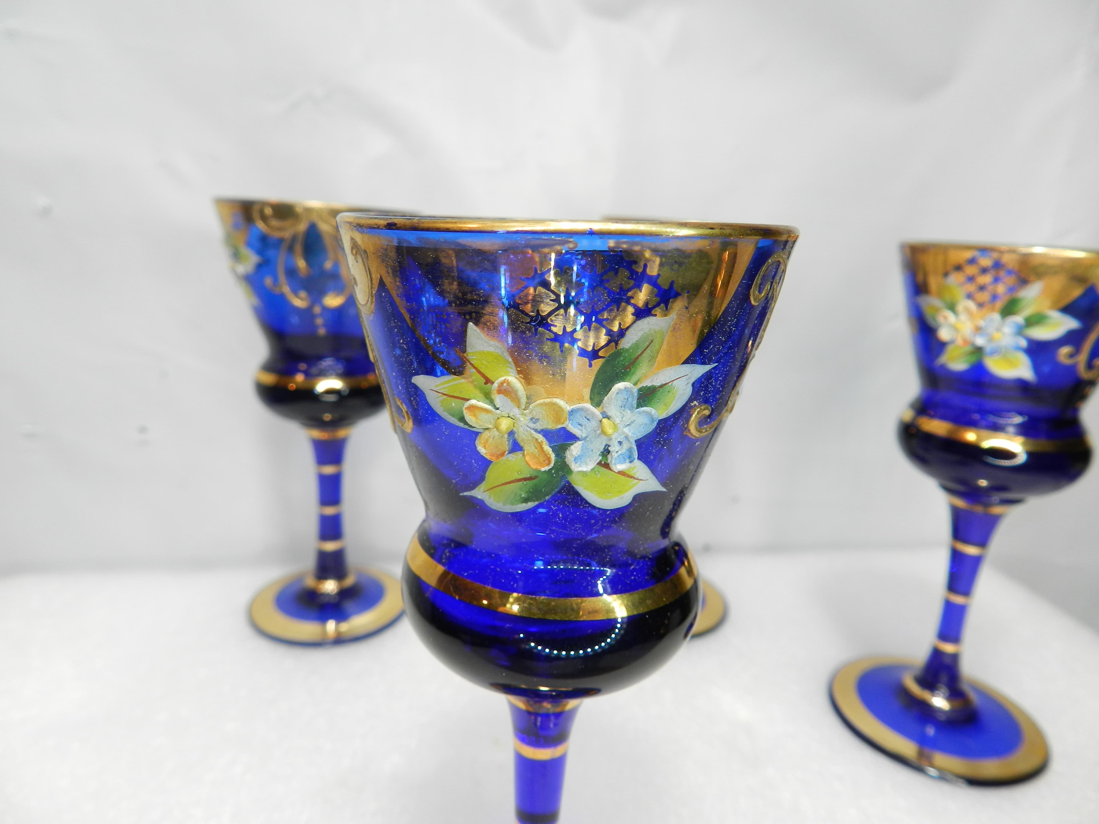4 Vintage Murano Venetian Cobalt Blue & Gold Cordial Stemmed Wine Glasses N26J - Thumbnail 8