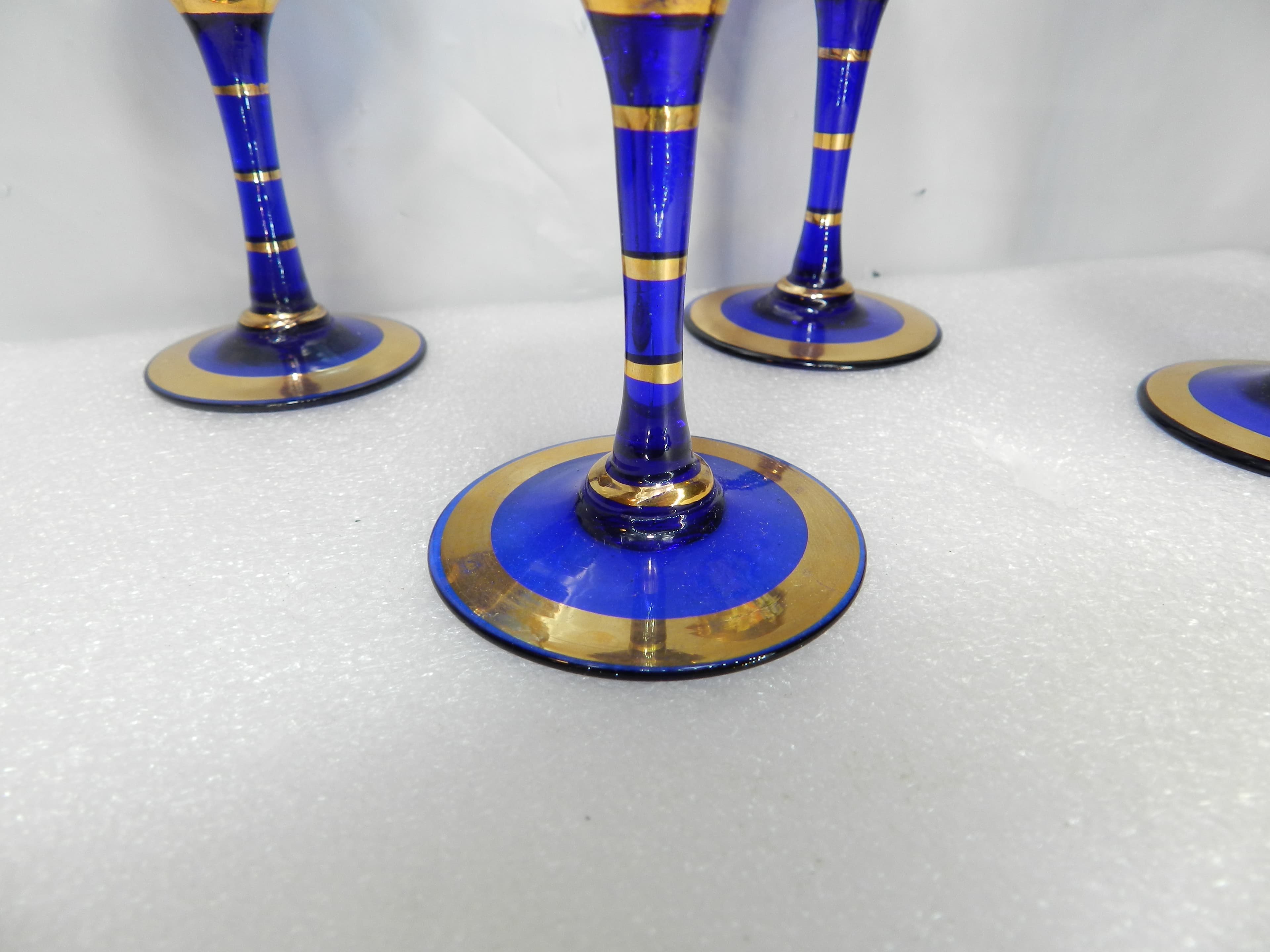 4 Vintage Murano Venetian Cobalt Blue & Gold Cordial Stemmed Wine Glasses N26J - Thumbnail 9