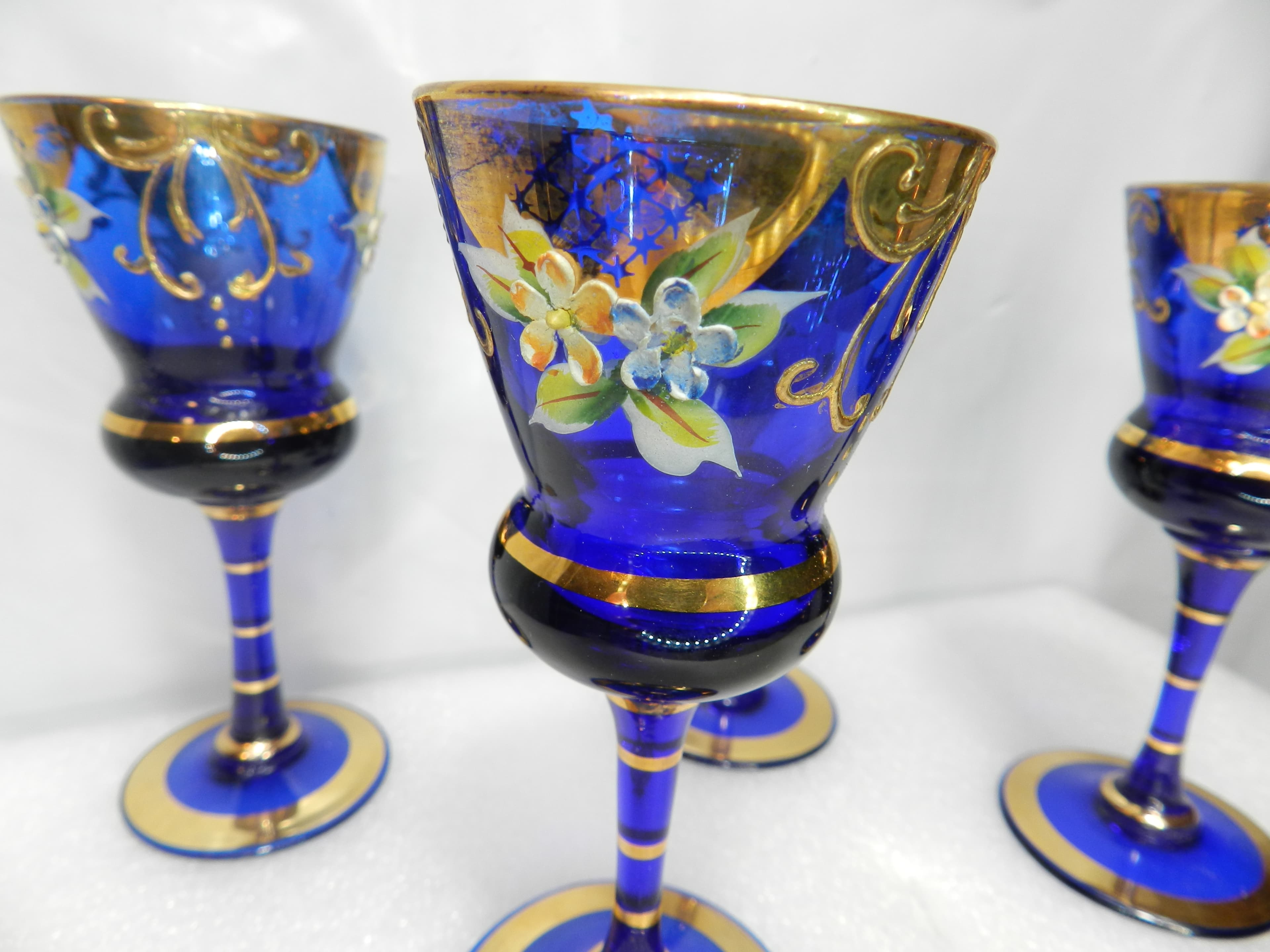 4 Vintage Murano Venetian Cobalt Blue & Gold Cordial Stemmed Wine Glasses N26J - Thumbnail 10