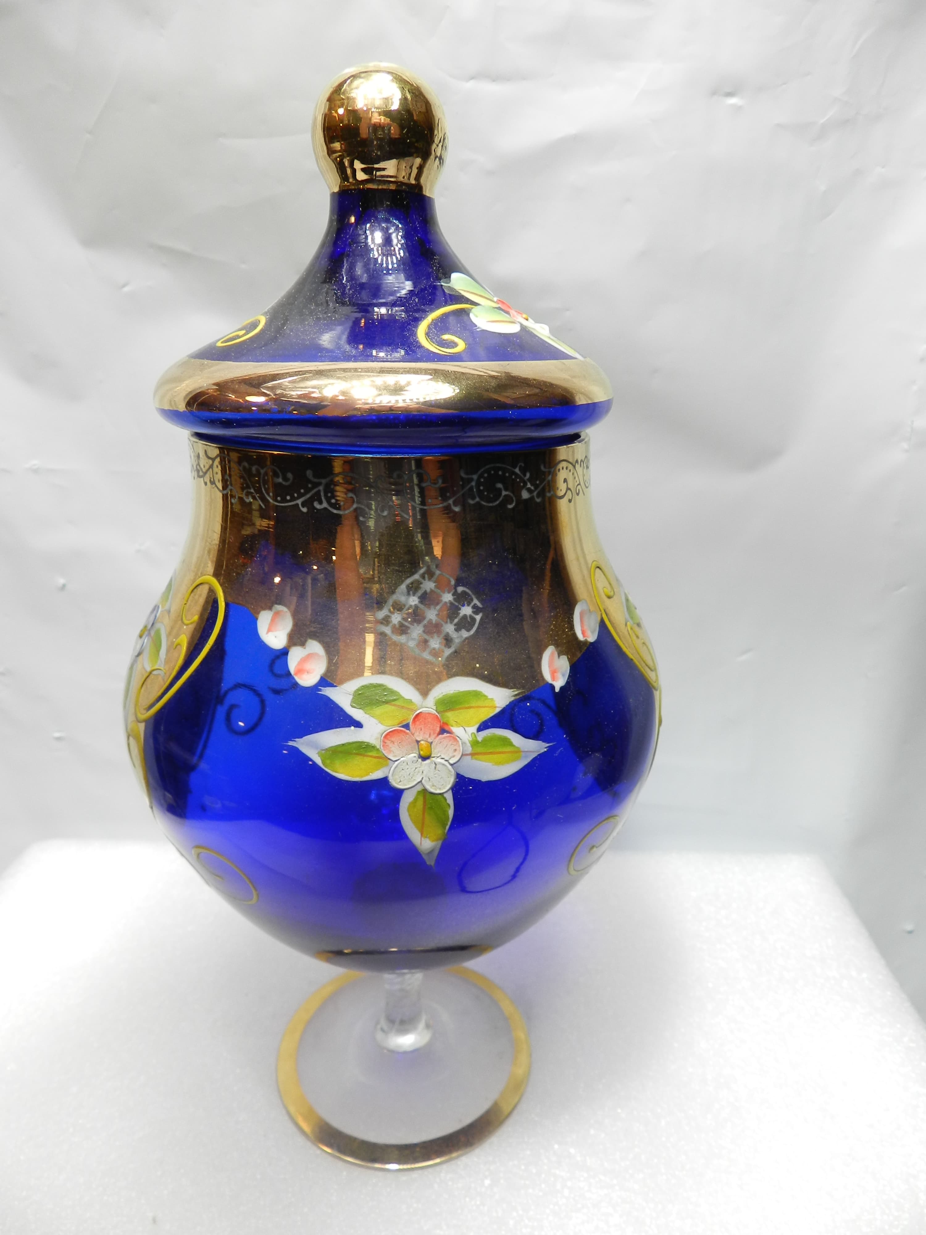 Murano Venetian Cobalt Blue/Gold Cover Candy Dish 9.5" tall Hand painted  N28J - Thumbnail 2
