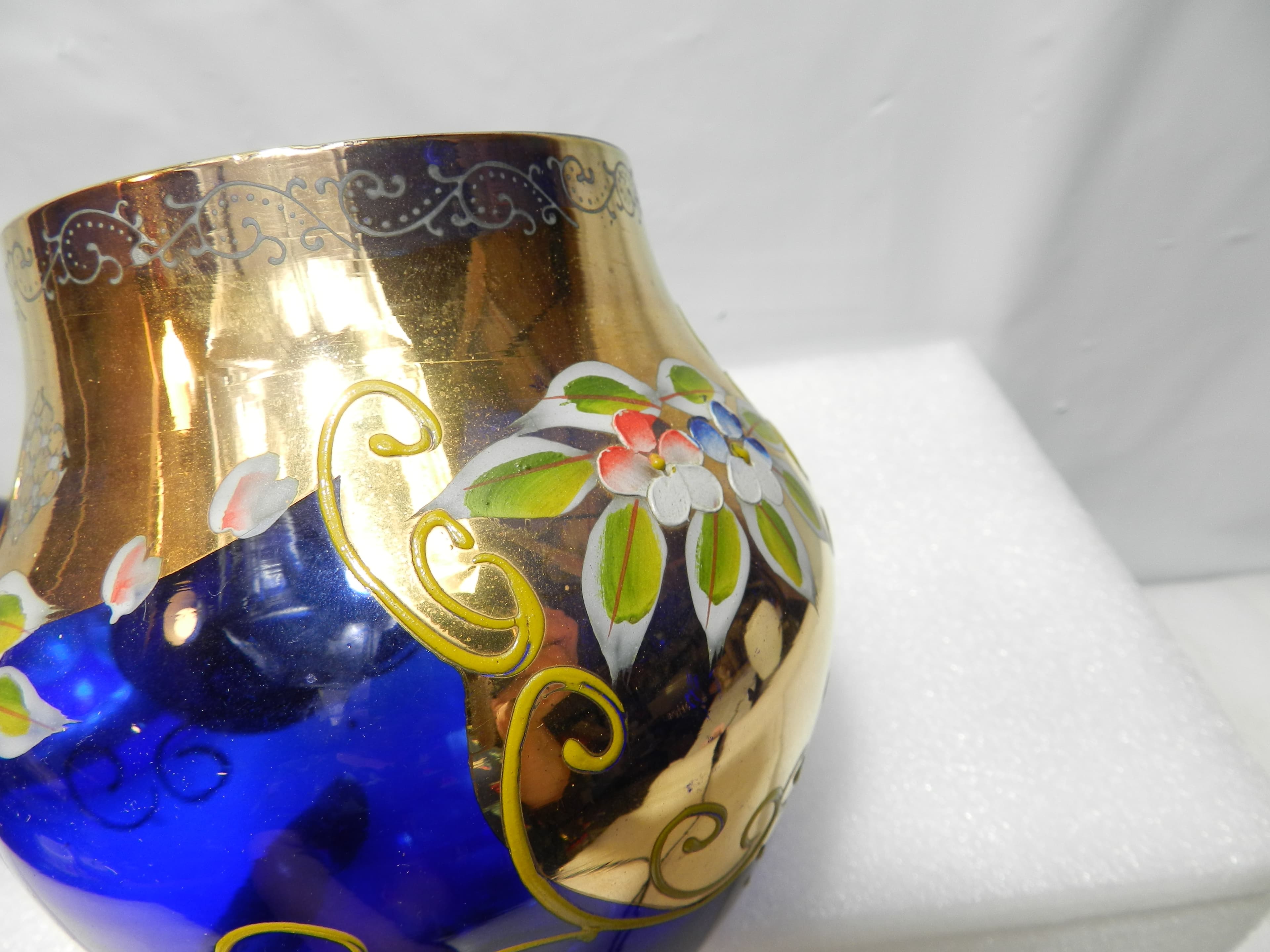 Murano Venetian Cobalt Blue/Gold Cover Candy Dish 9.5" tall Hand painted  N28J - Thumbnail 3