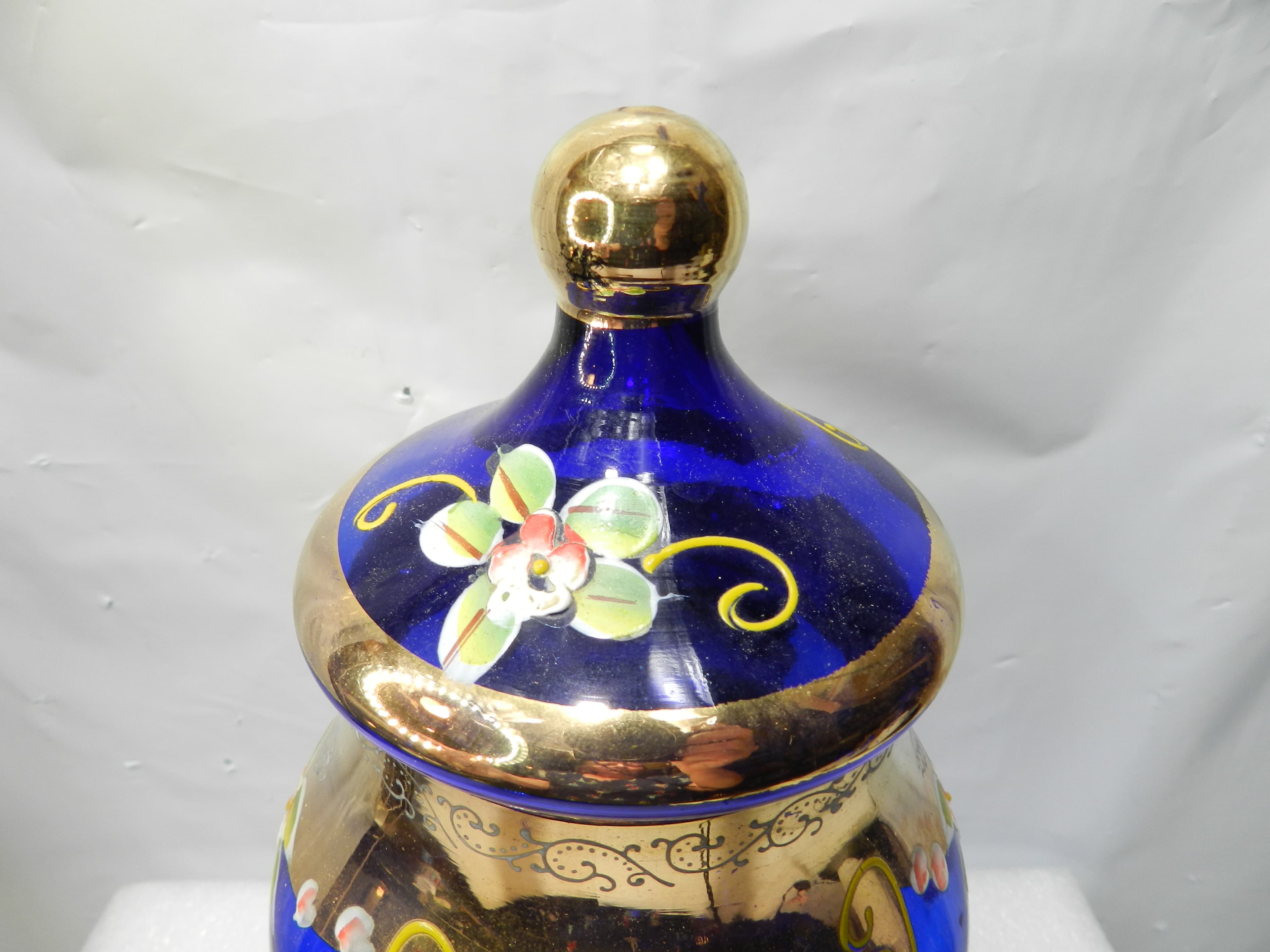 Murano Venetian Cobalt Blue/Gold Cover Candy Dish 9.5" tall Hand painted  N28J - Thumbnail 4