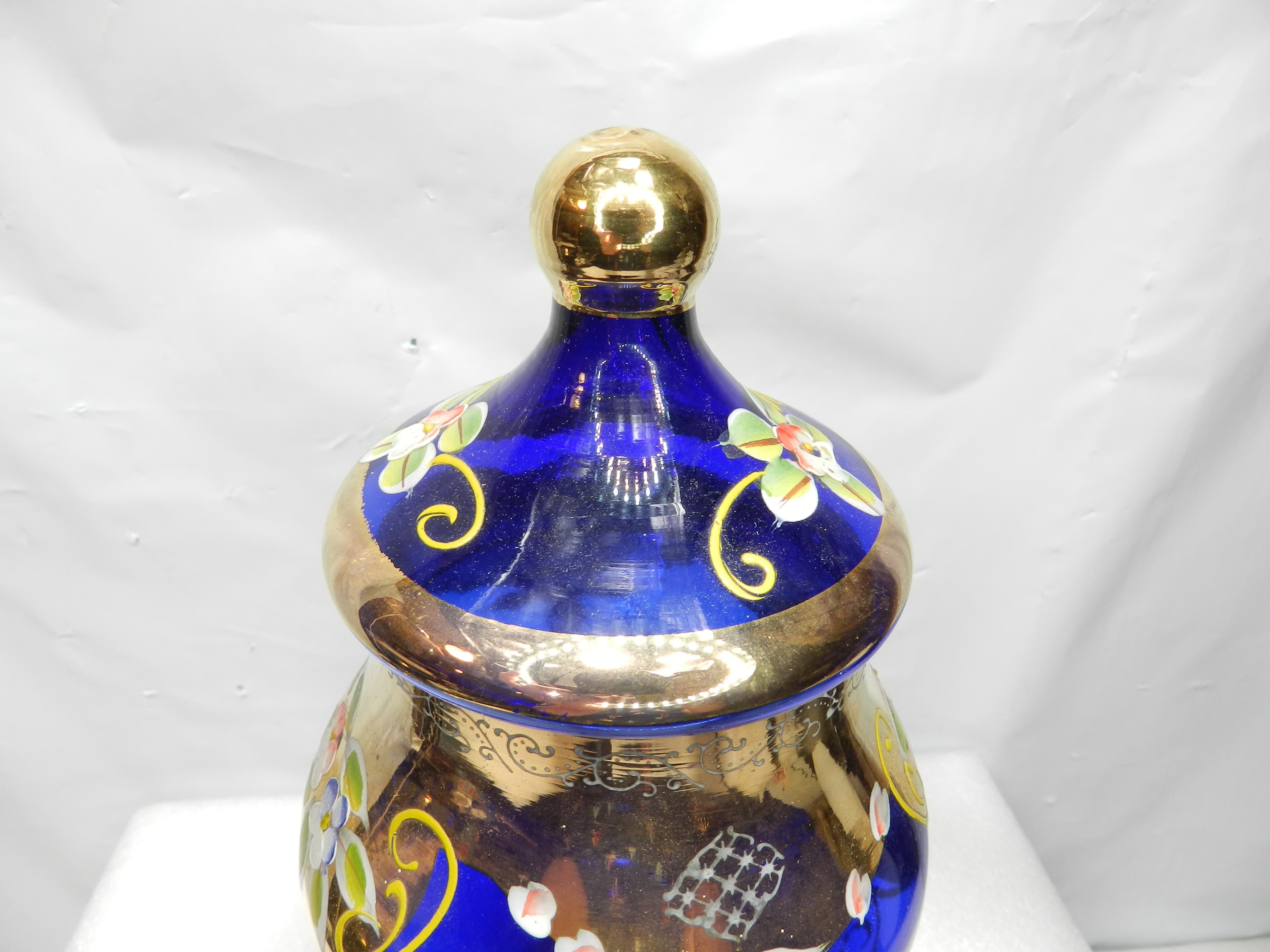 Murano Venetian Cobalt Blue/Gold Cover Candy Dish 9.5" tall Hand painted  N28J - Thumbnail 6