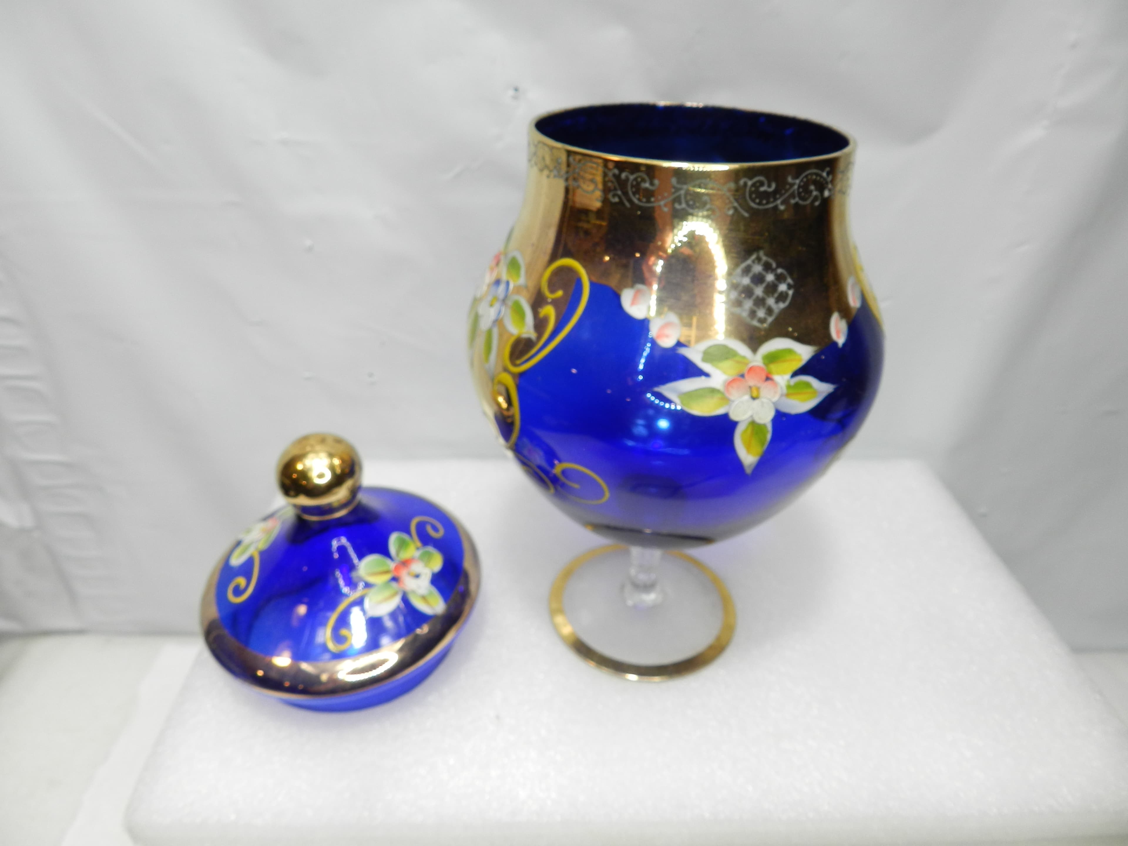 Murano Venetian Cobalt Blue/Gold Cover Candy Dish 9.5" tall Hand painted  N28J - Thumbnail 8