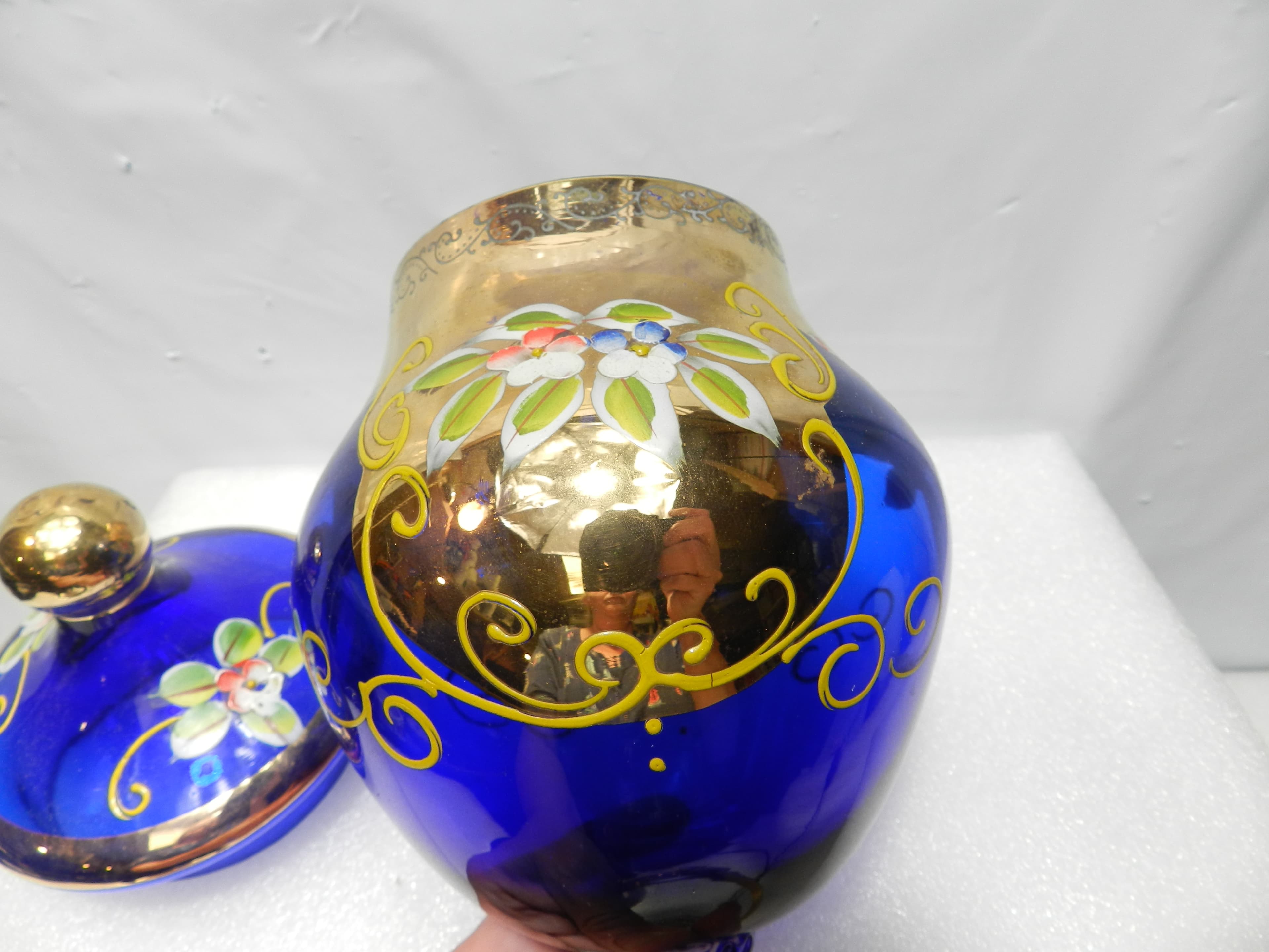 Murano Venetian Cobalt Blue/Gold Cover Candy Dish 9.5" tall Hand painted  N28J - Thumbnail 9