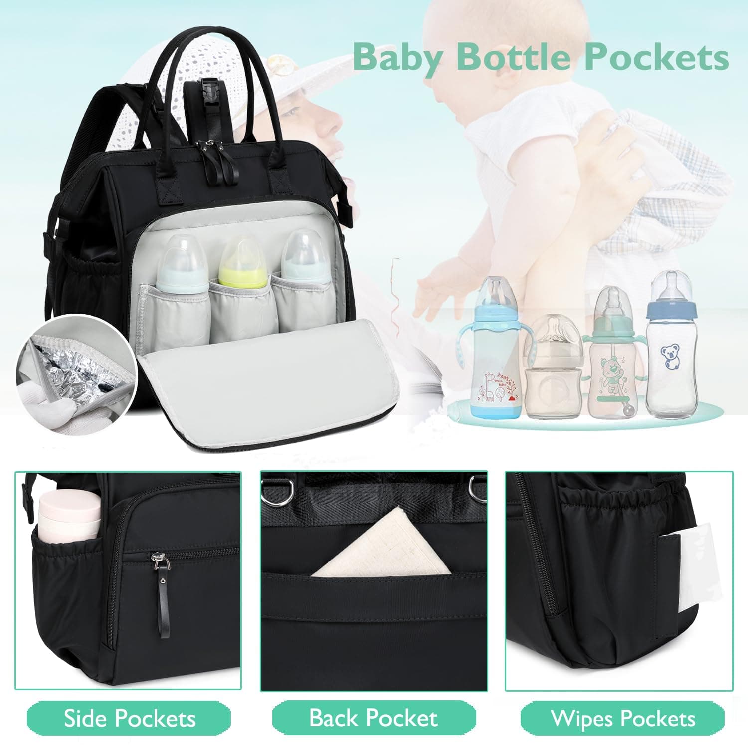 Black Convertible Diaper Bag Backpack with Stroller Straps - 14 Pockets, Insulated Bottle Holders - Thumbnail 9