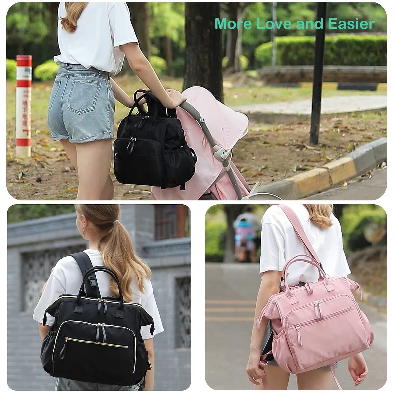 Black Convertible Diaper Bag Backpack with Stroller Straps - 14 Pockets, Insulated Bottle Holders - Thumbnail 10