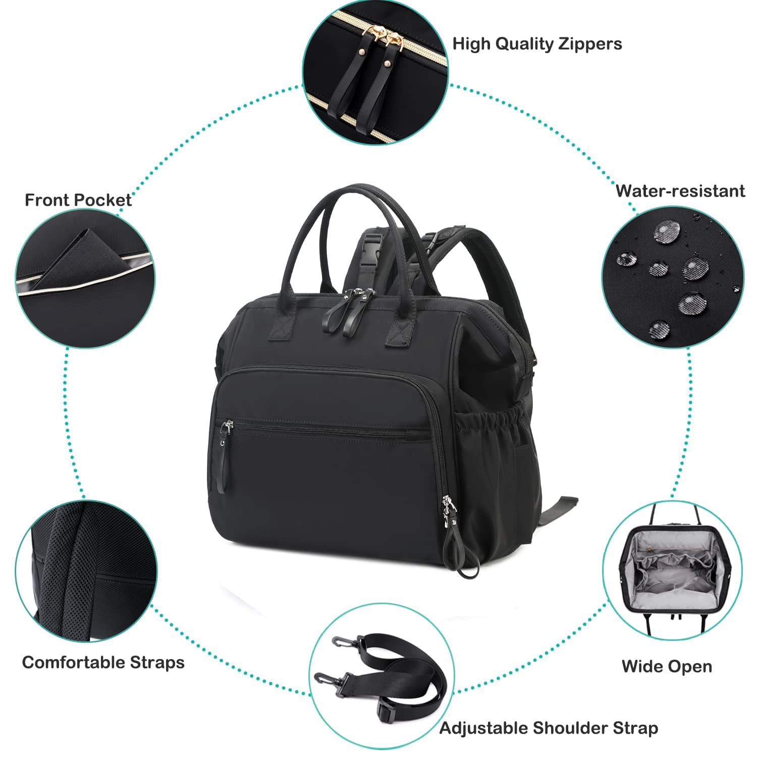 Black Convertible Diaper Bag Backpack with Stroller Straps - 14 Pockets, Insulated Bottle Holders - Thumbnail 11