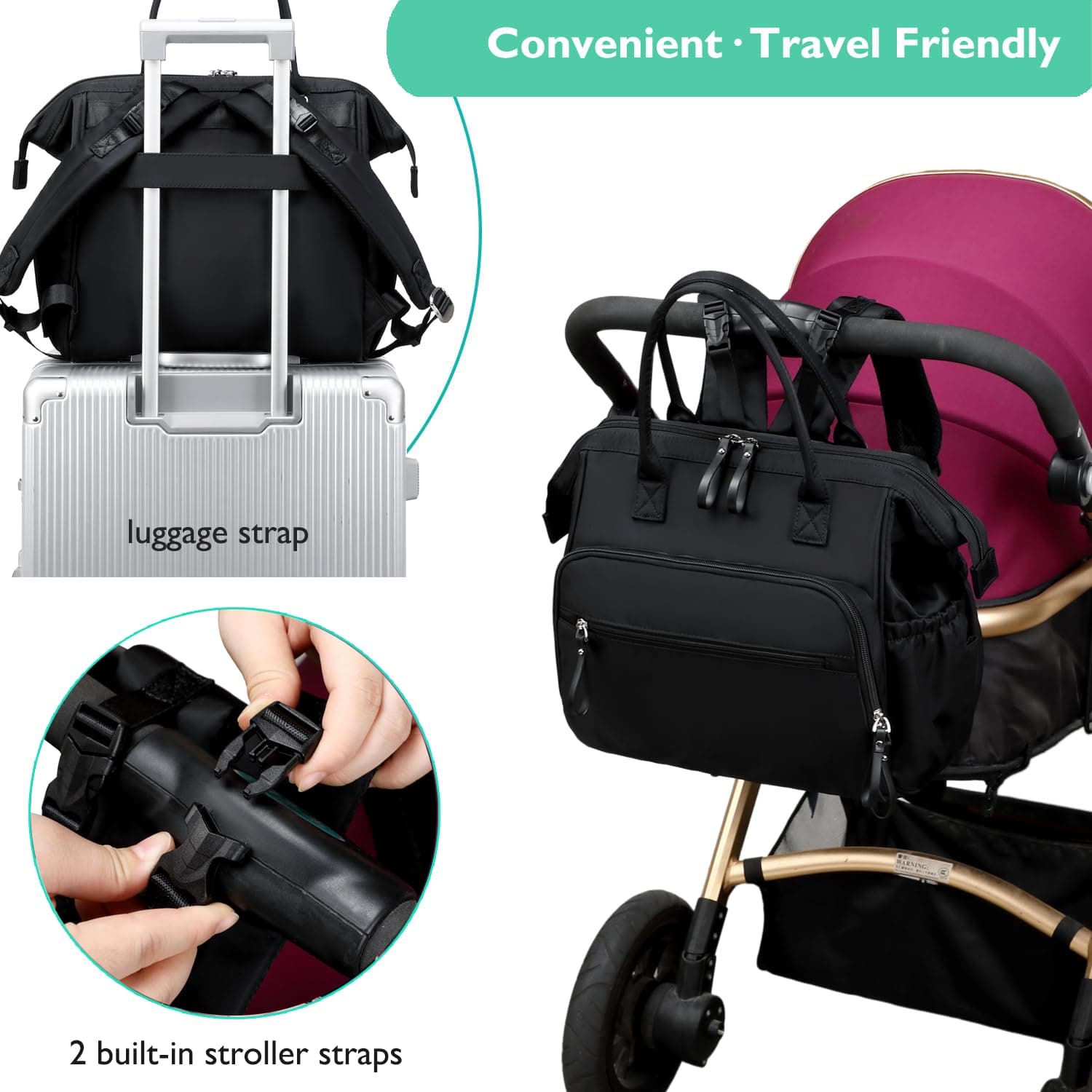 Black Convertible Diaper Bag Backpack with Stroller Straps - 14 Pockets, Insulated Bottle Holders - Thumbnail 12