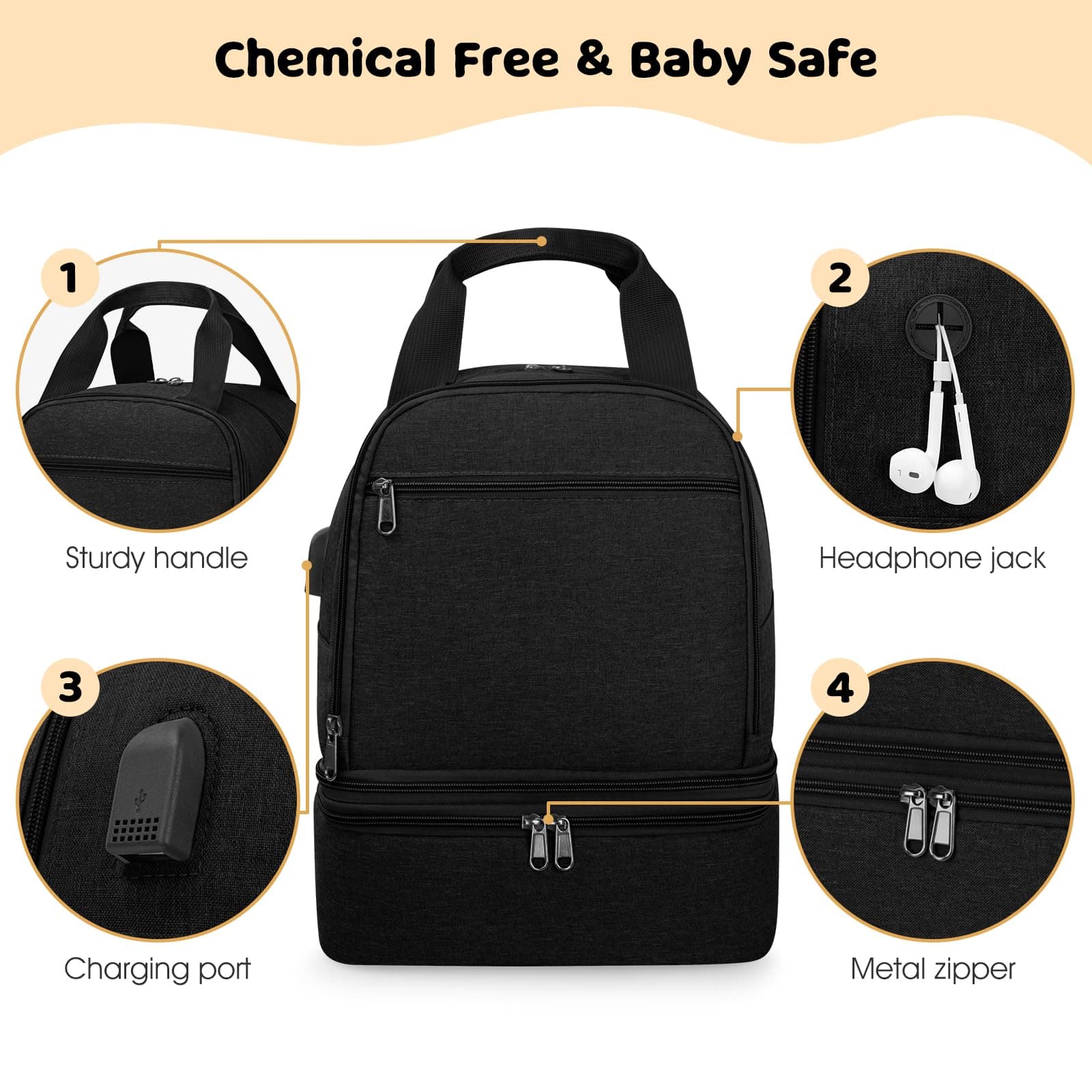 Black Diaper Bag Backpack with Charging Port - Thumbnail 4